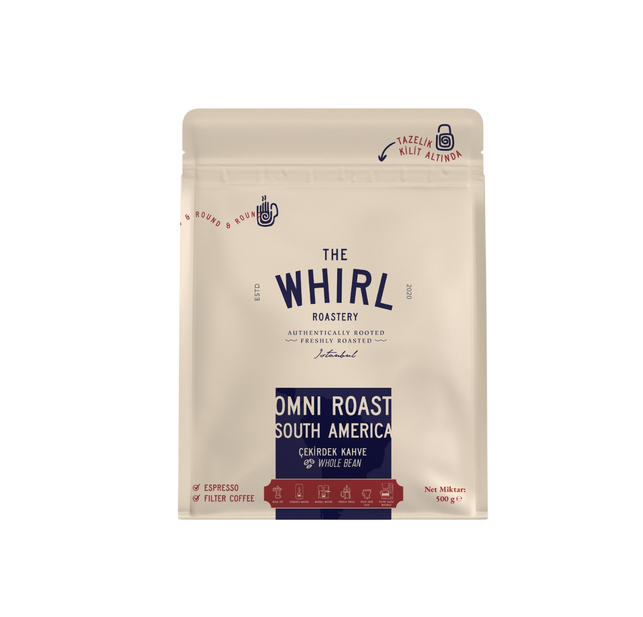 "The Whirl Roastery" yazılı bir kahve poşeti. "Omni Roast South America" yazıyor ve farklı demleme yöntemleri için simgeler var.