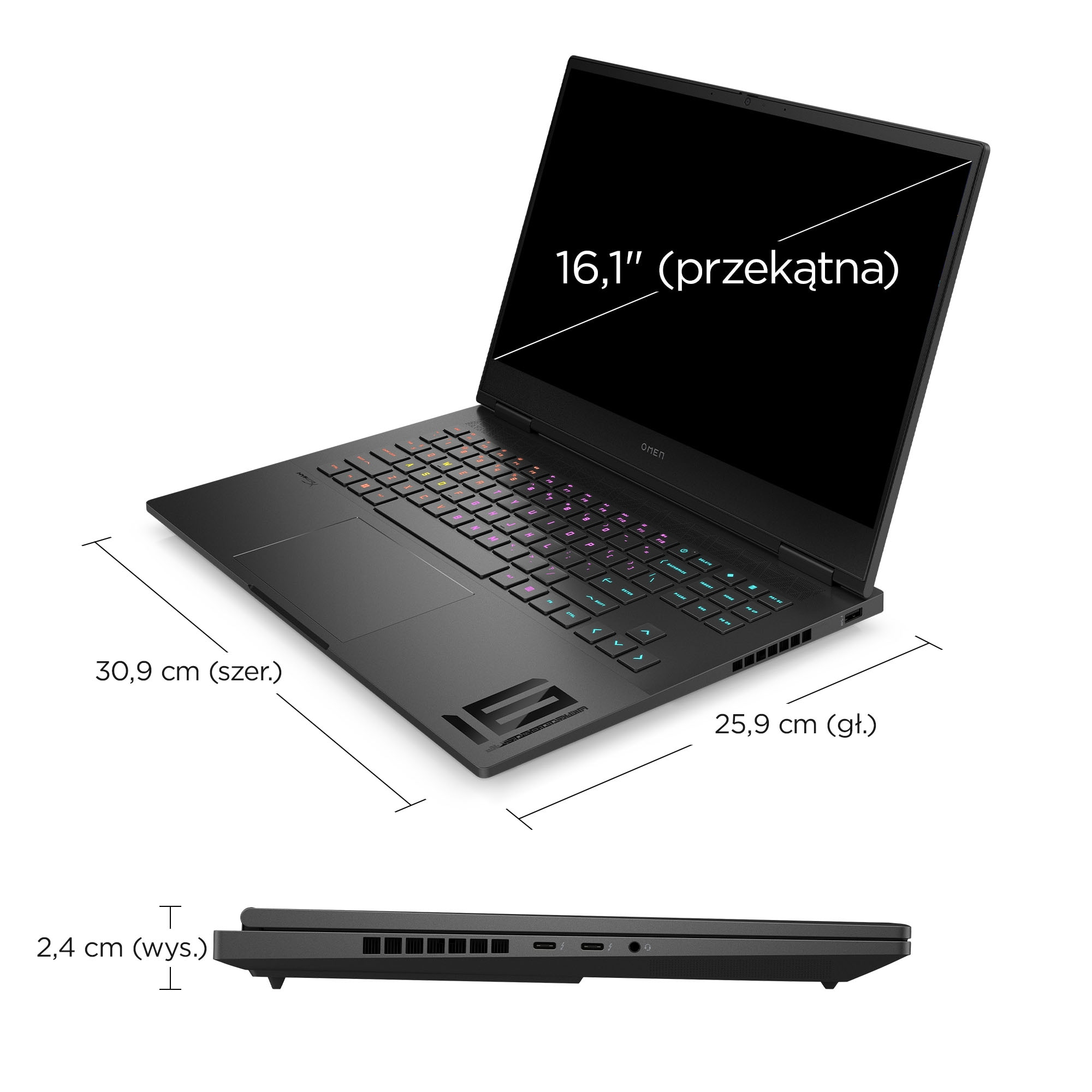 Czarny laptop z podświetlaną klawiaturą i ekranem. Wymiary wyświetlone z miarami w cm i calach.