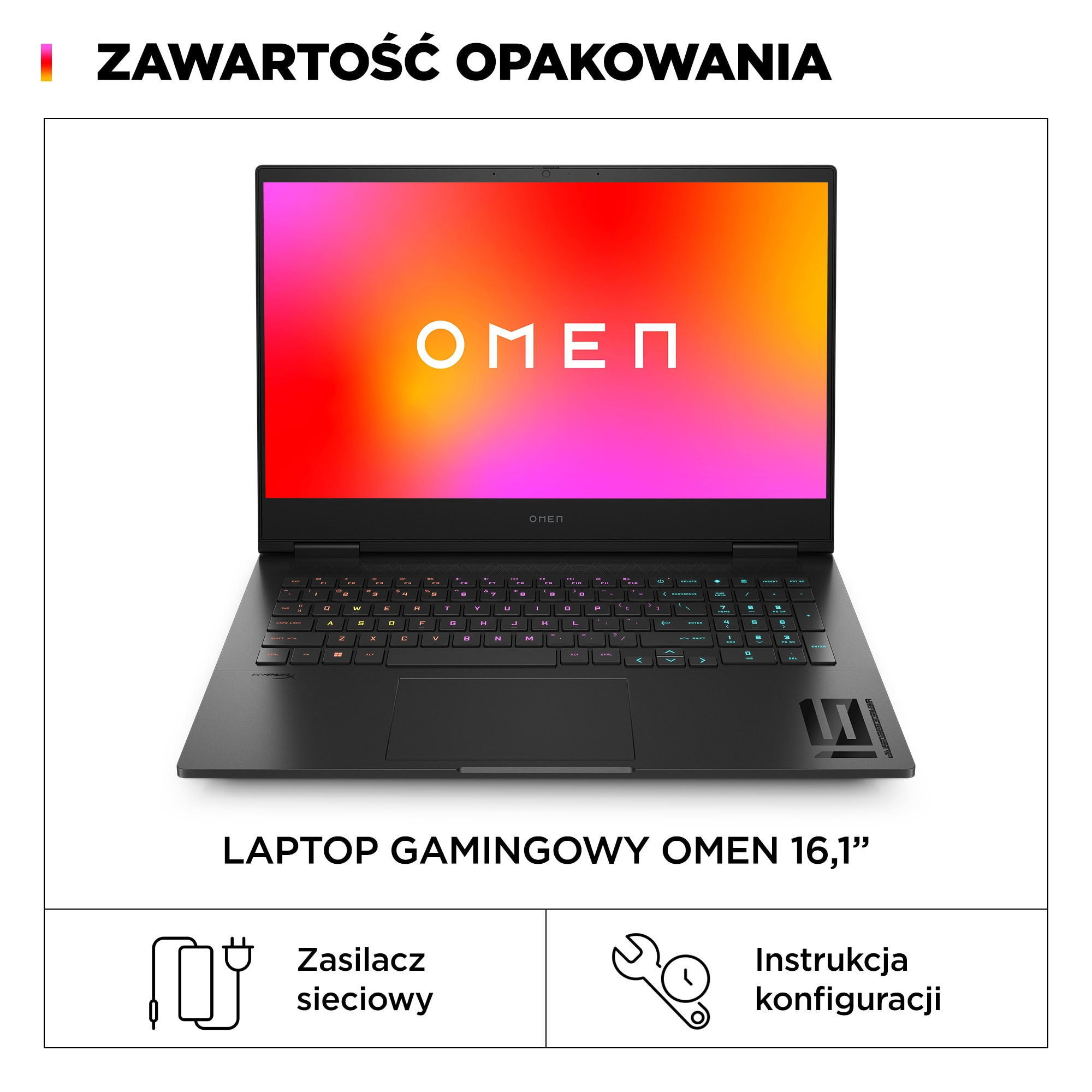 Czarny laptop Omen z kolorowym ekranem. Poniżej zasilacz i instrukcja konfiguracji.