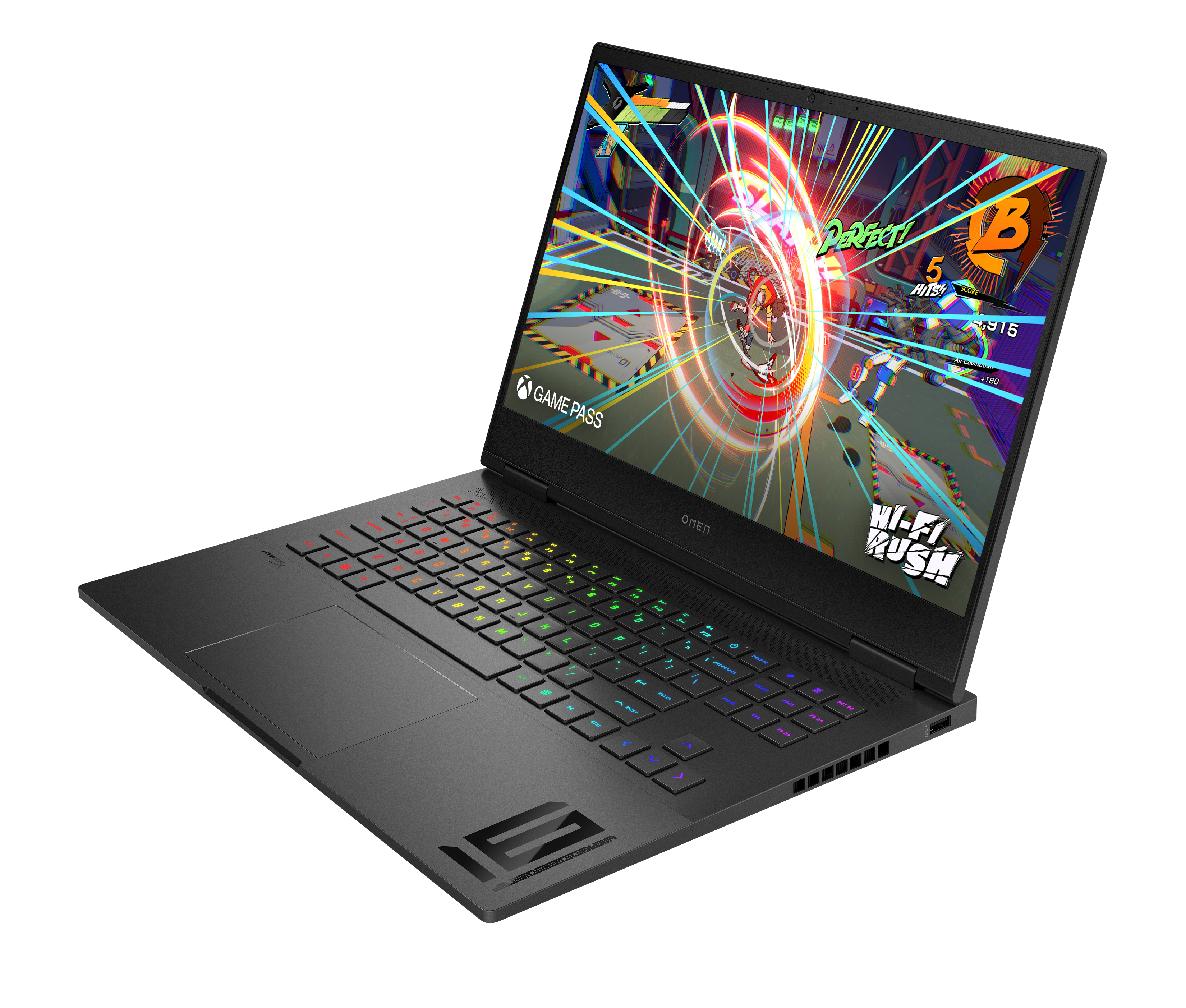 Laptop z kolorową klawiaturą i grą wyświetlaną na ekranie. Ekran pokazuje grę wyścigową.