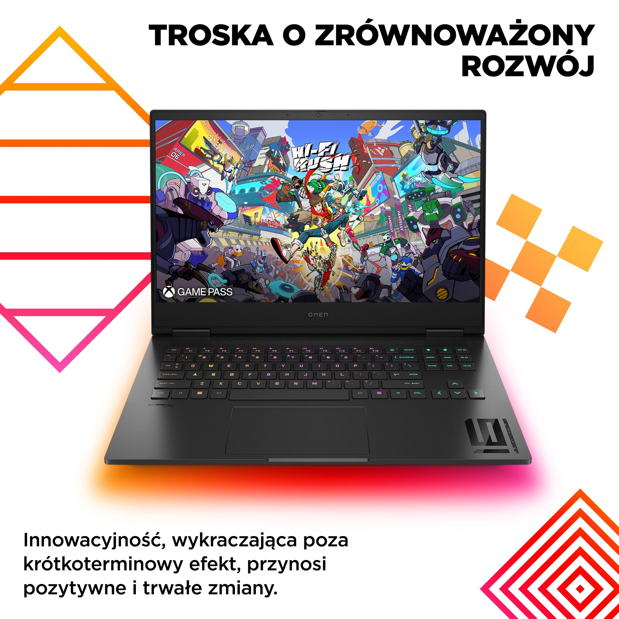 Laptop wyświetla scenę z gry. Klawiatura jest widoczna. Obraz ma kolorowy geometryczny design.
