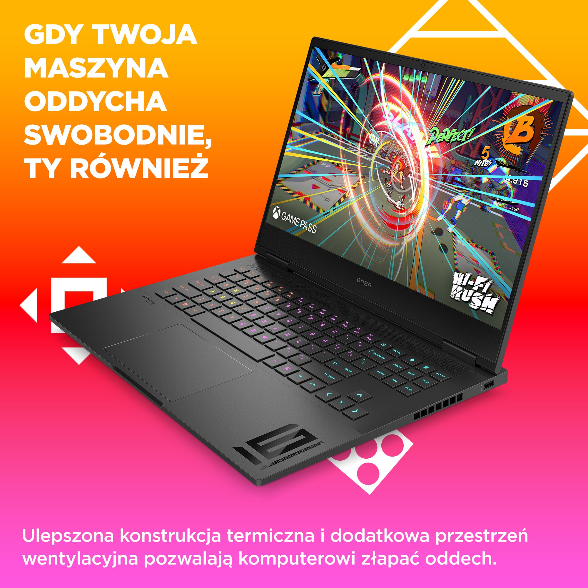Czarny laptop do gier z grą na ekranie, kolorową klawiaturą i polskim tekstem na pomarańczowo-różowym tle.