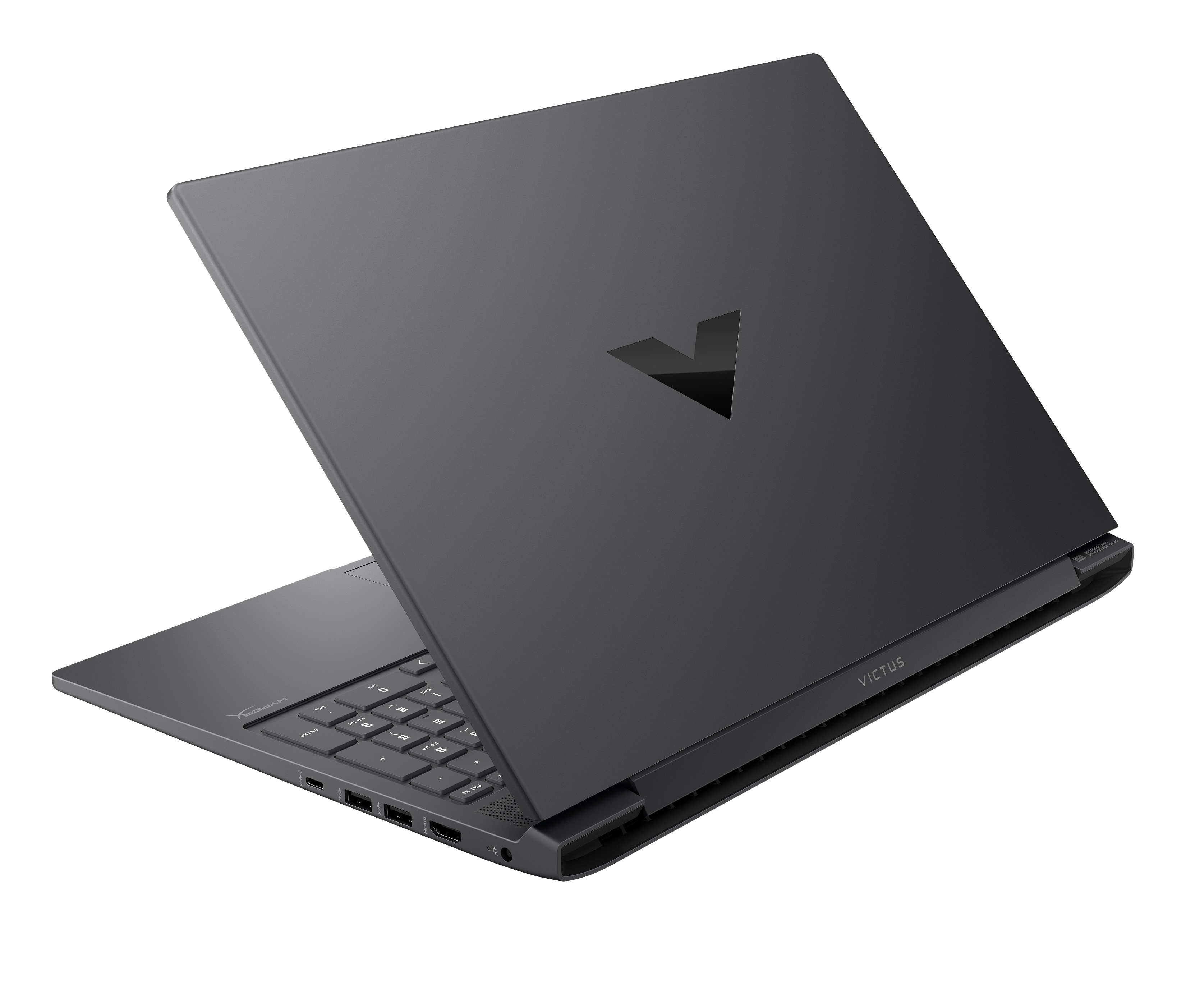 Ciemnoszary laptop otwarty na czarnym tle. Ekran odchylony, widoczna klawiatura i logo.