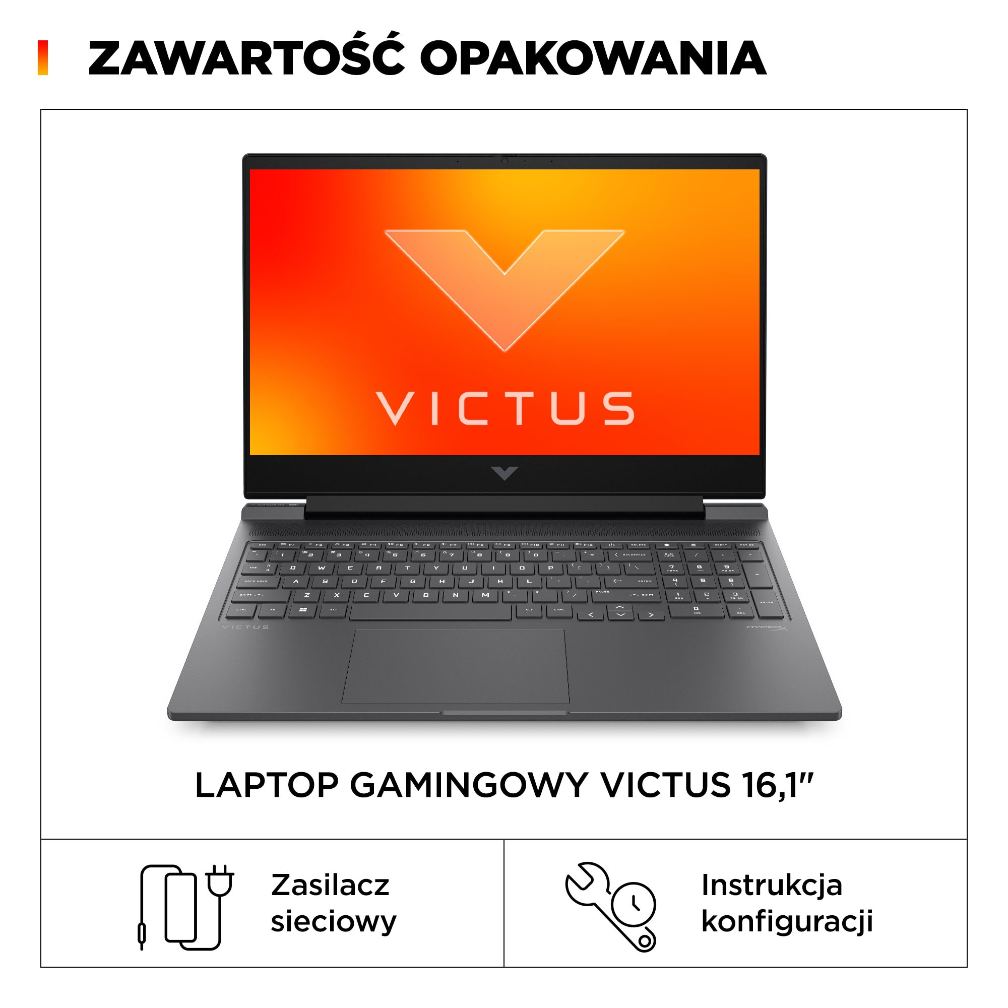 Laptop z logo Victus na ekranie, zasilacz i instrukcja konfiguracji.