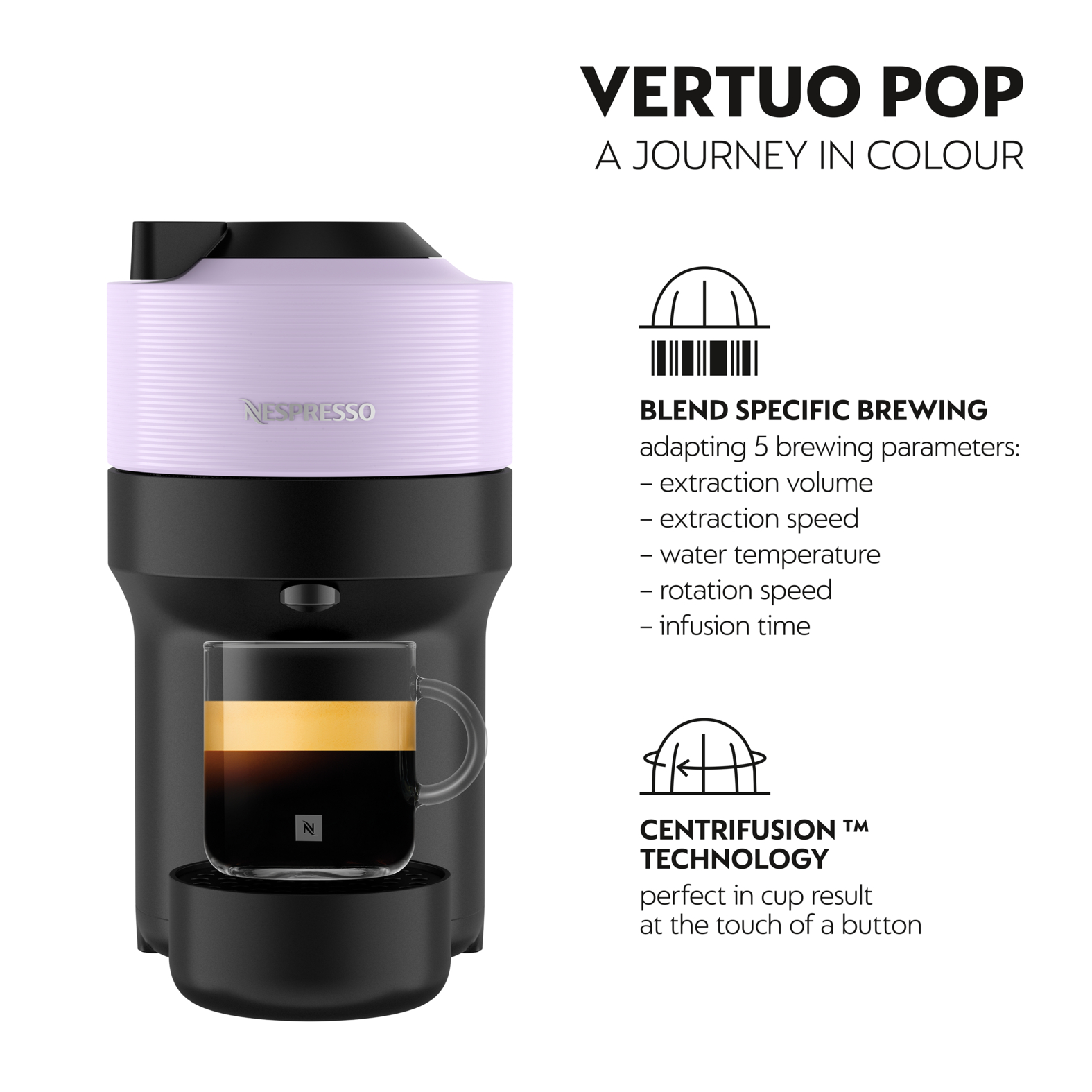 Eine Nespresso Vertuo Pop Kaffeemaschine. Sie hat einen lila Deckel, einen schwarzen Körper und ein Glas mit Kaffee. Text erklärt Funktionen.