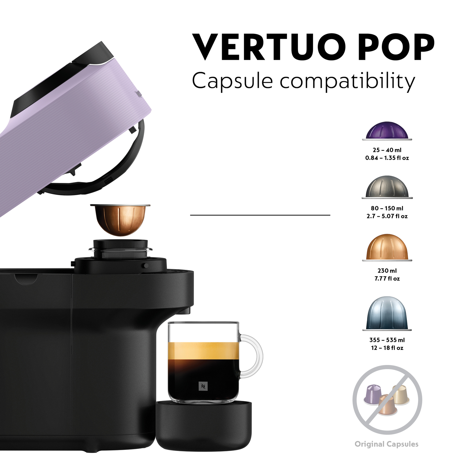 Eine schwarze Vertuo Pop Kaffeemaschine mit lila Deckel. Kaffeekapseln und eine Tasse Kaffee werden angezeigt.