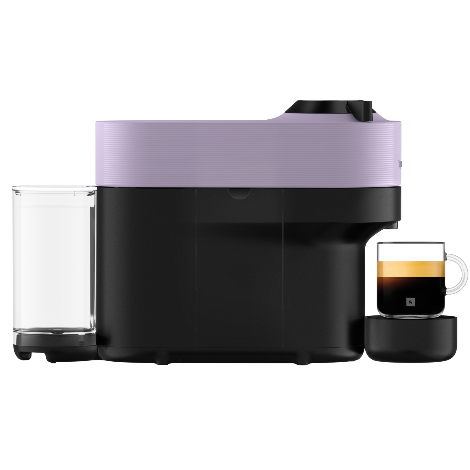 Eine schwarze und lila Espressomaschine mit einem Glas Kaffee und einem Wasserbehälter.
