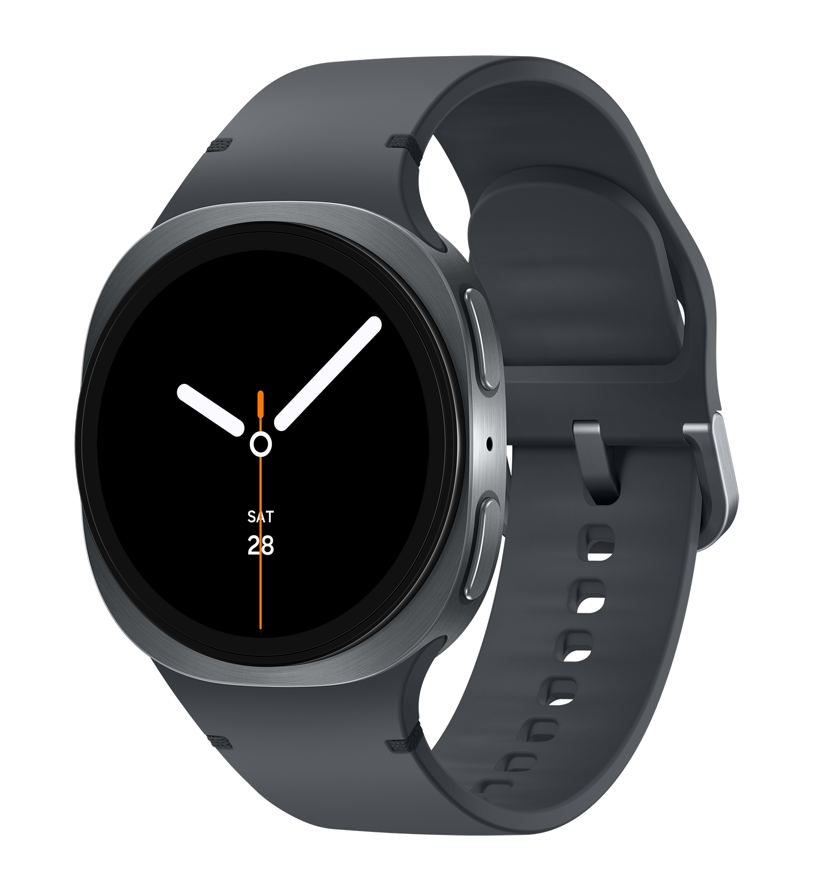 Ciemnoszary smartwatch z czarną tarczą, białymi wskazówkami, datą i pomarańczową sekundą na czarnym tle.