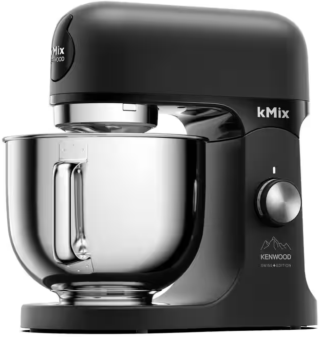 Schwarzer Kenwood kMix Küchenmixer. Silberne Schüssel. Drehknopf an der Seite. Kenwood Swiss Edition Logo.