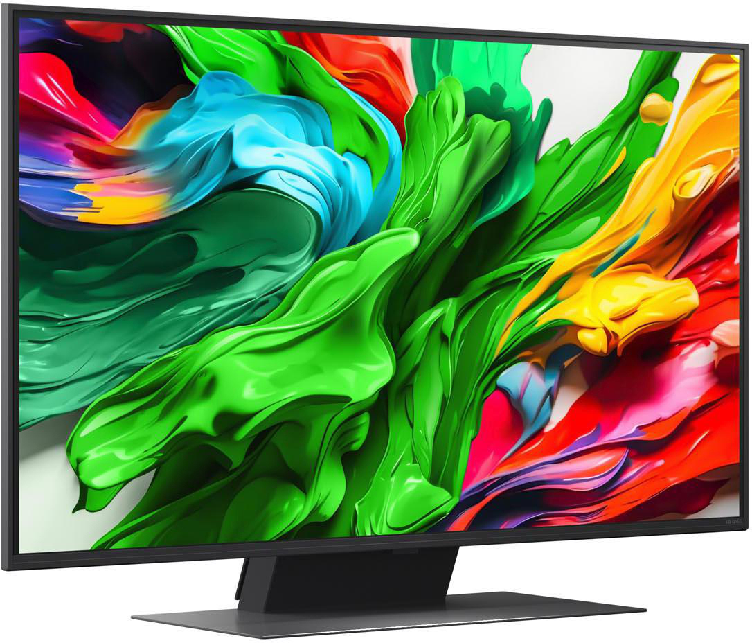 Ein moderner Fernseher zeigt abstrakte Kunst mit lebendigen grünen, blauen, roten und gelben Pinselstrichen. Der Fernseher hat einen schwarzen Rahmen und Standfuß.