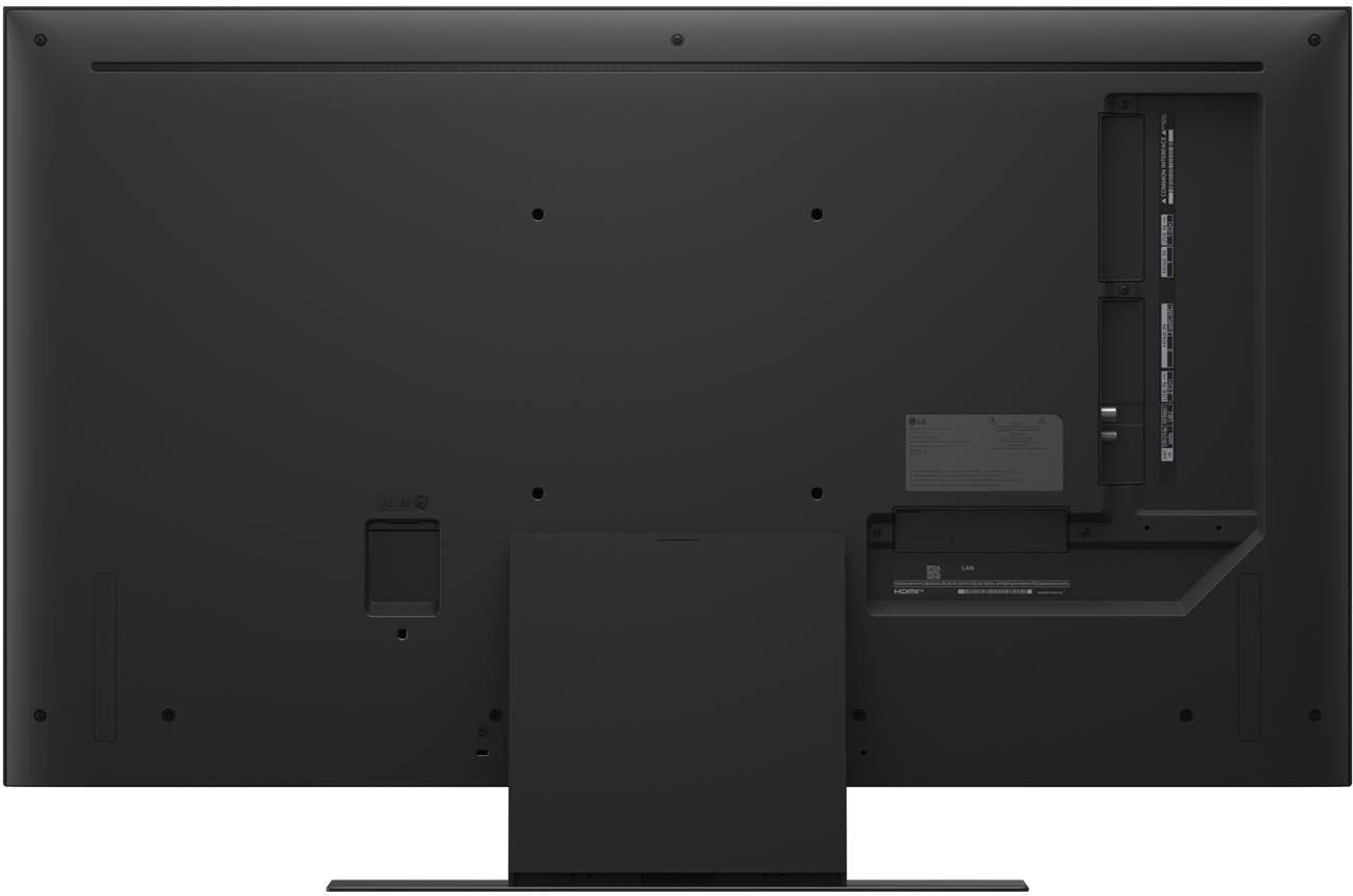 Rückseite eines schwarzen LG-Fernsehers. Zeigt Anschlüsse, Etiketten und einen Ständer. Enthält HDMI, LAN, AC IN und andere Anschlussoptionen.