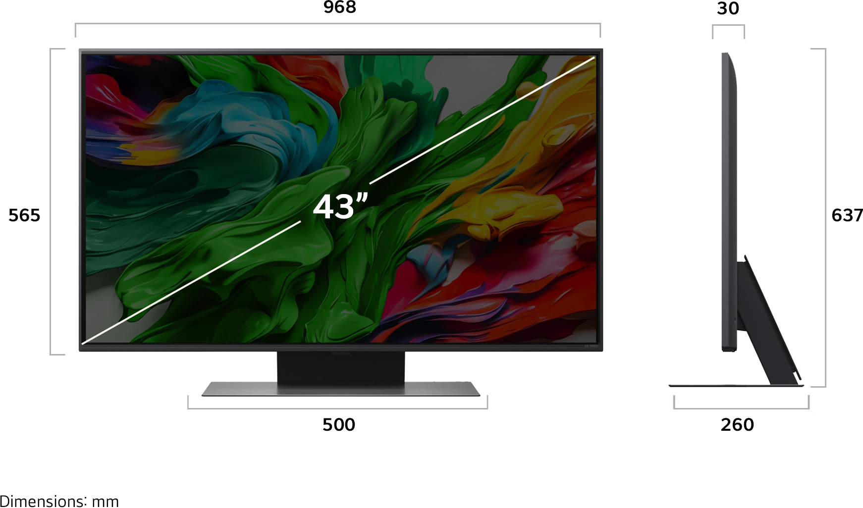 Ein 43-Zoll-Fernseher wird mit Abmessungen angezeigt. Der Bildschirm zeigt ein farbenfrohes abstraktes Kunstwerk. Seitenansicht zeigt Dicke und Ständer.