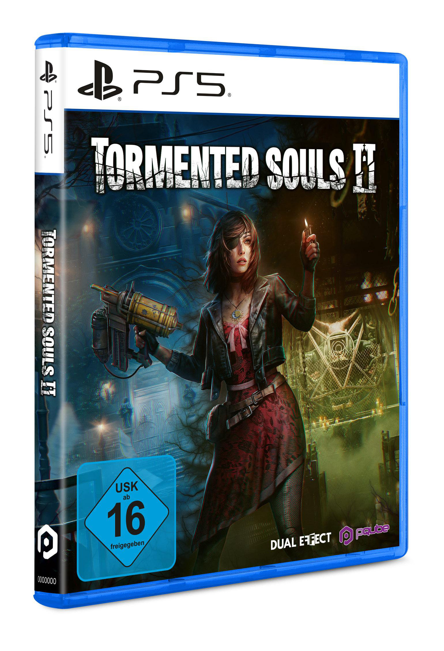 Spiel-Box-Art: Frau mit Waffe und Kerze. Titel: Tormented Souls II. PS5-Logo und USK 16-Rating.