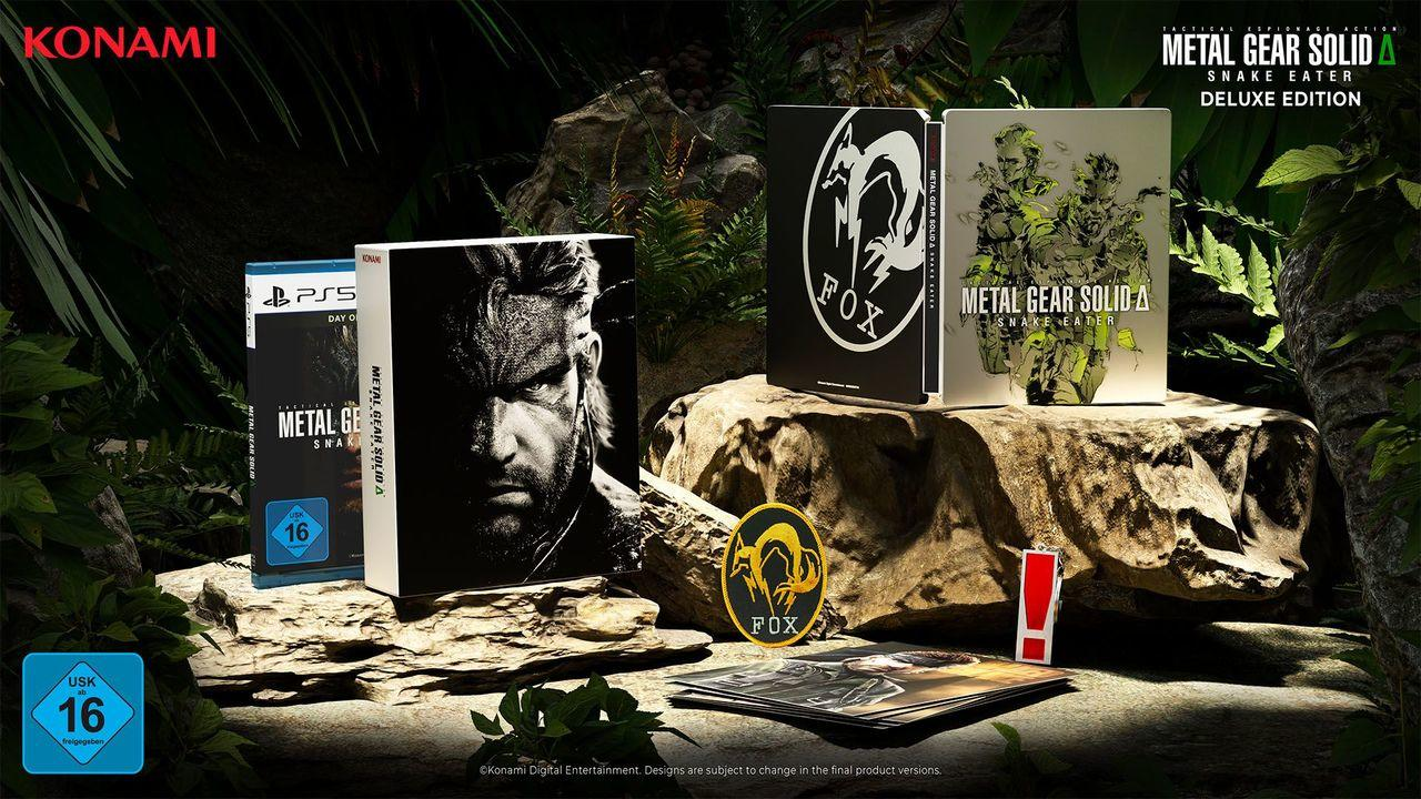 Metal Gear Solid Δ: Snake Eater Spielboxen, PS5-Logo, Fox-Logo und ein rotes Ausrufezeichen vor Dschungelhintergrund.