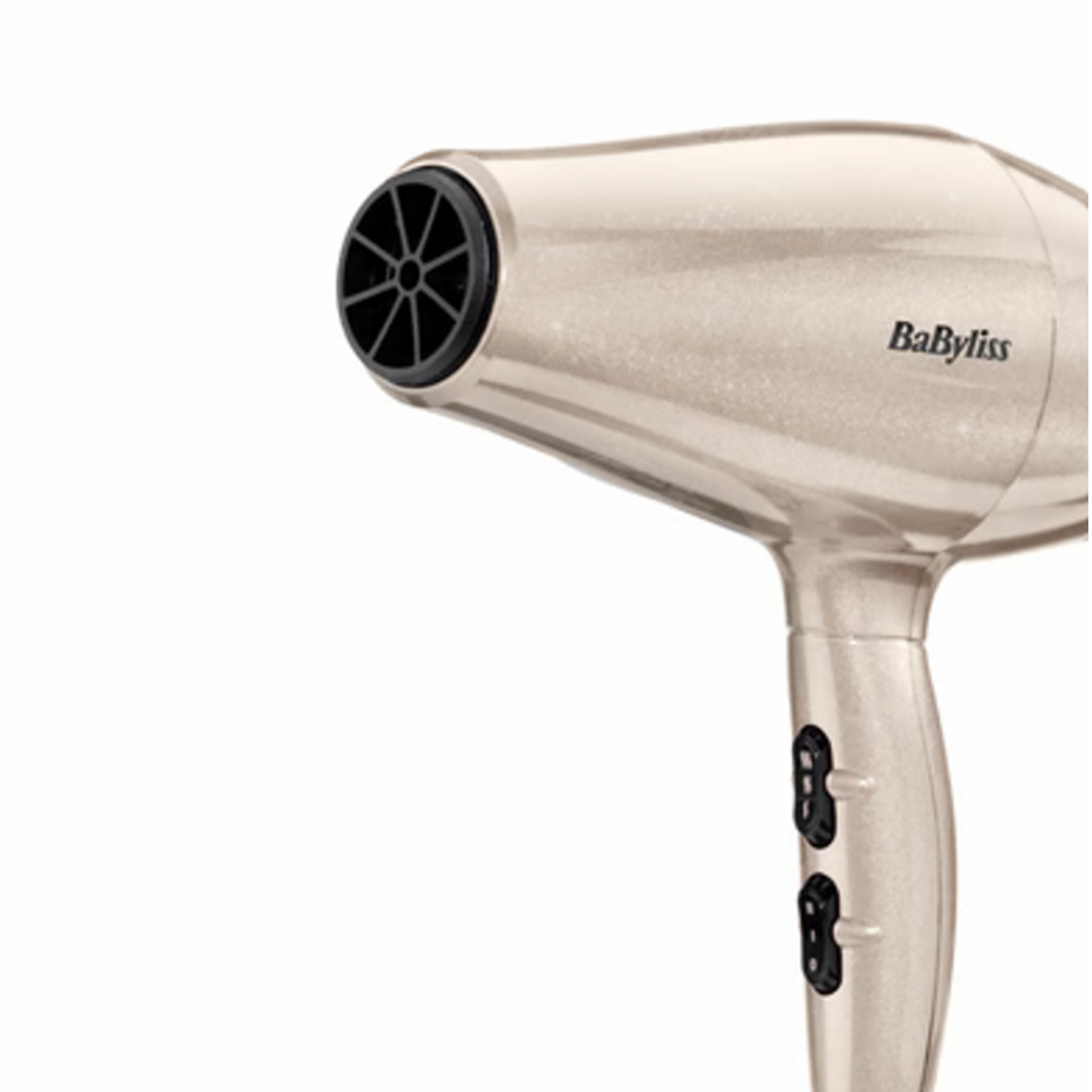 A gold Babyliss hairdryer, with black vents, and control switches. The handle is on the right. The background is white.