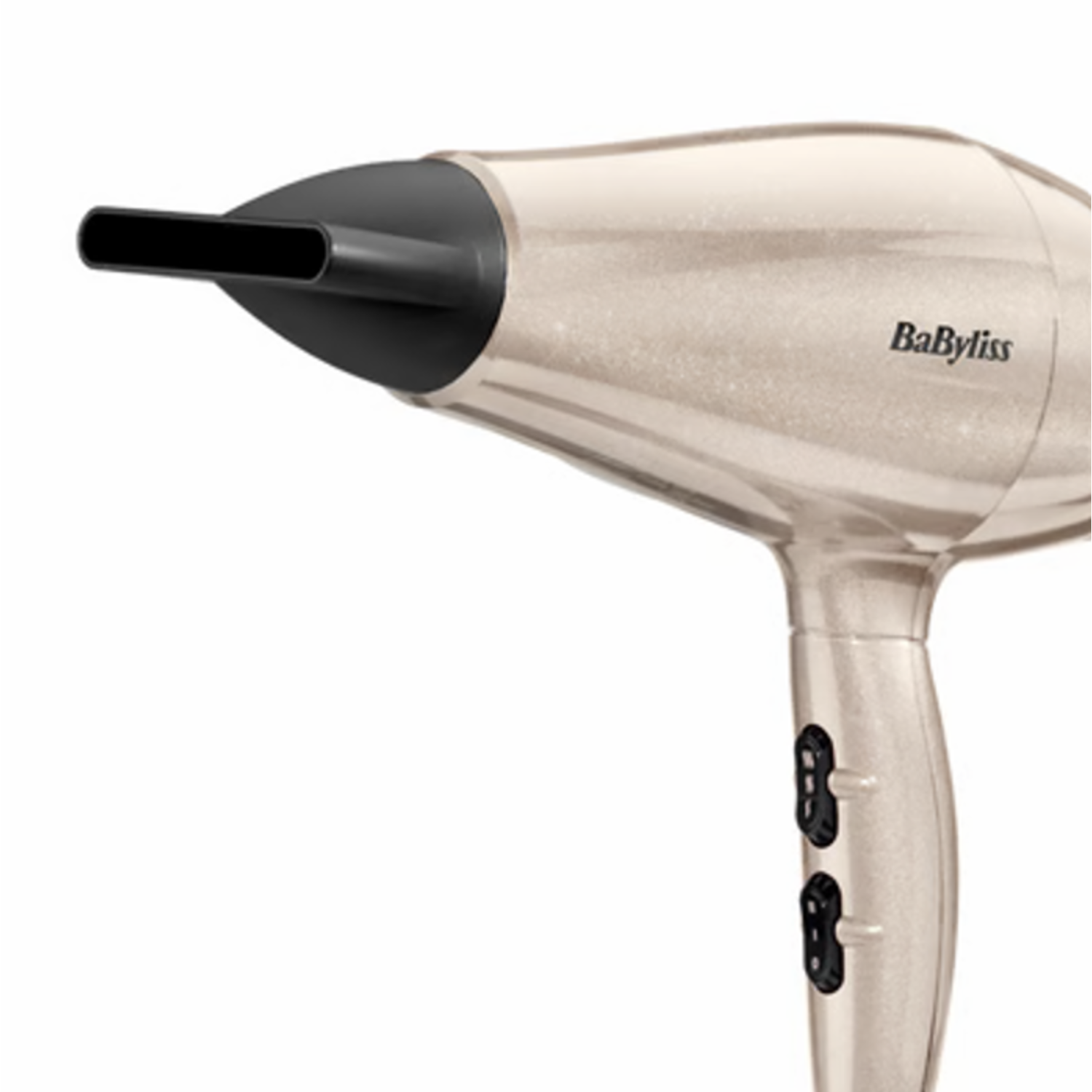 A gold Babyliss hair dryer on a white background. It has a black nozzle and two black switches on the handle.