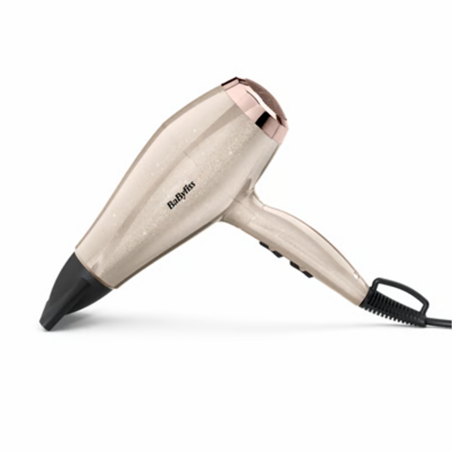 A beige and rose gold hair dryer on a white background. The hair dryer is angled to the left.
