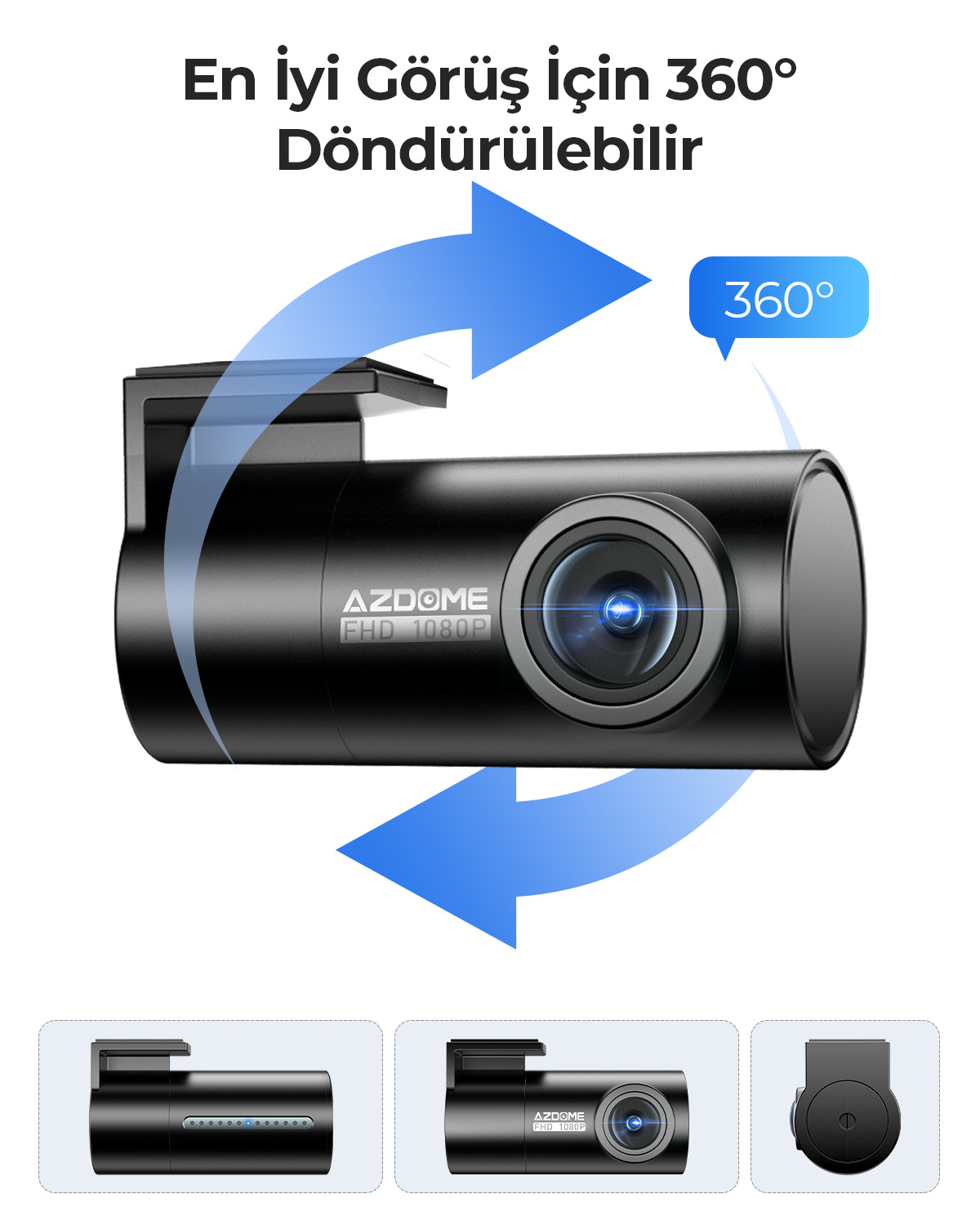 360 derece dönebilme özelliğine sahip siyah araç kamerası. Türkçe metin: 'En iyi görüş için, 360° döndürülebilir'.