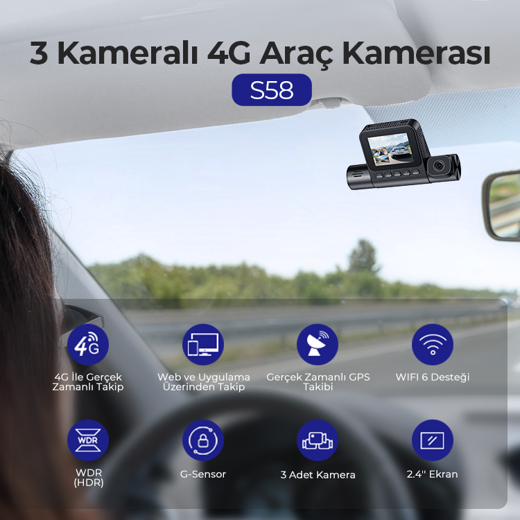 4G, GPS ve WiFi gibi özelliklere sahip bir araç kamerası. 3 kamerası ve 2,4" ekranı var. Araba yolda gidiyor.