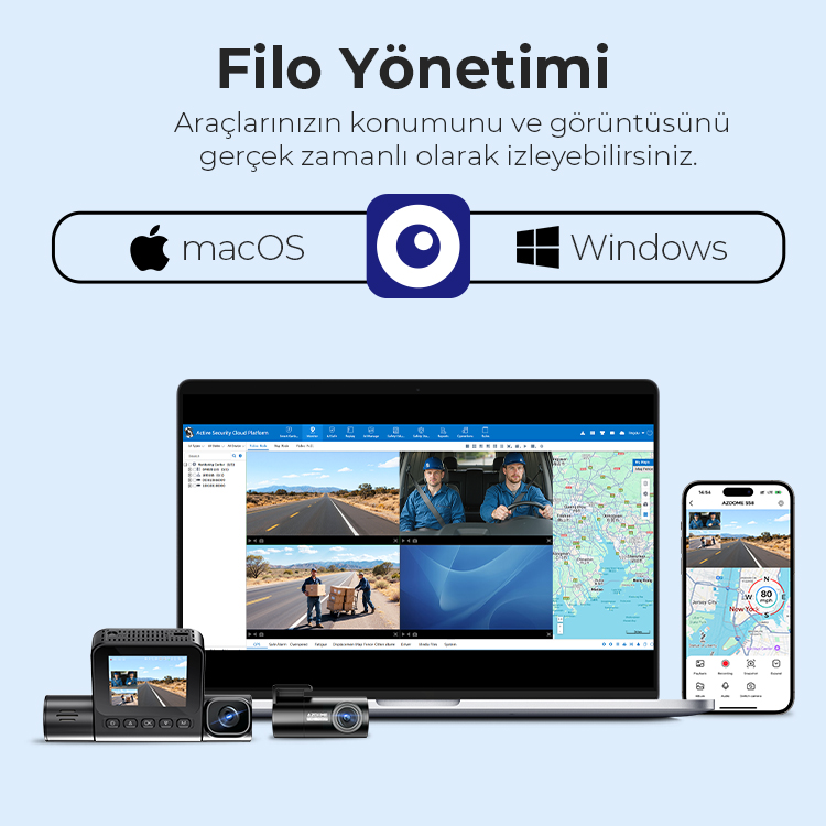 Dizüstü bilgisayar, telefon ve araç kameraları gerçek zamanlı araç takibini gösteriyor. Ekran harita ve sürücüleri gösteriyor. macOS ve Windows logoları mevcut.