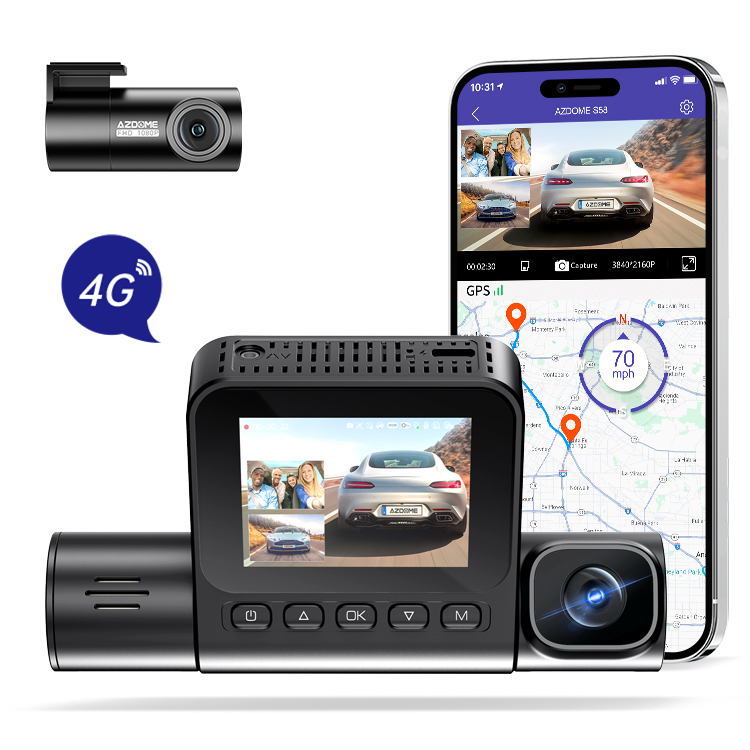 Bir araç kamerası kurulumu, bir arabanın arka görünümünü gösteren bir telefonla. GPS verileri ve bir 4G sembolü içerir.