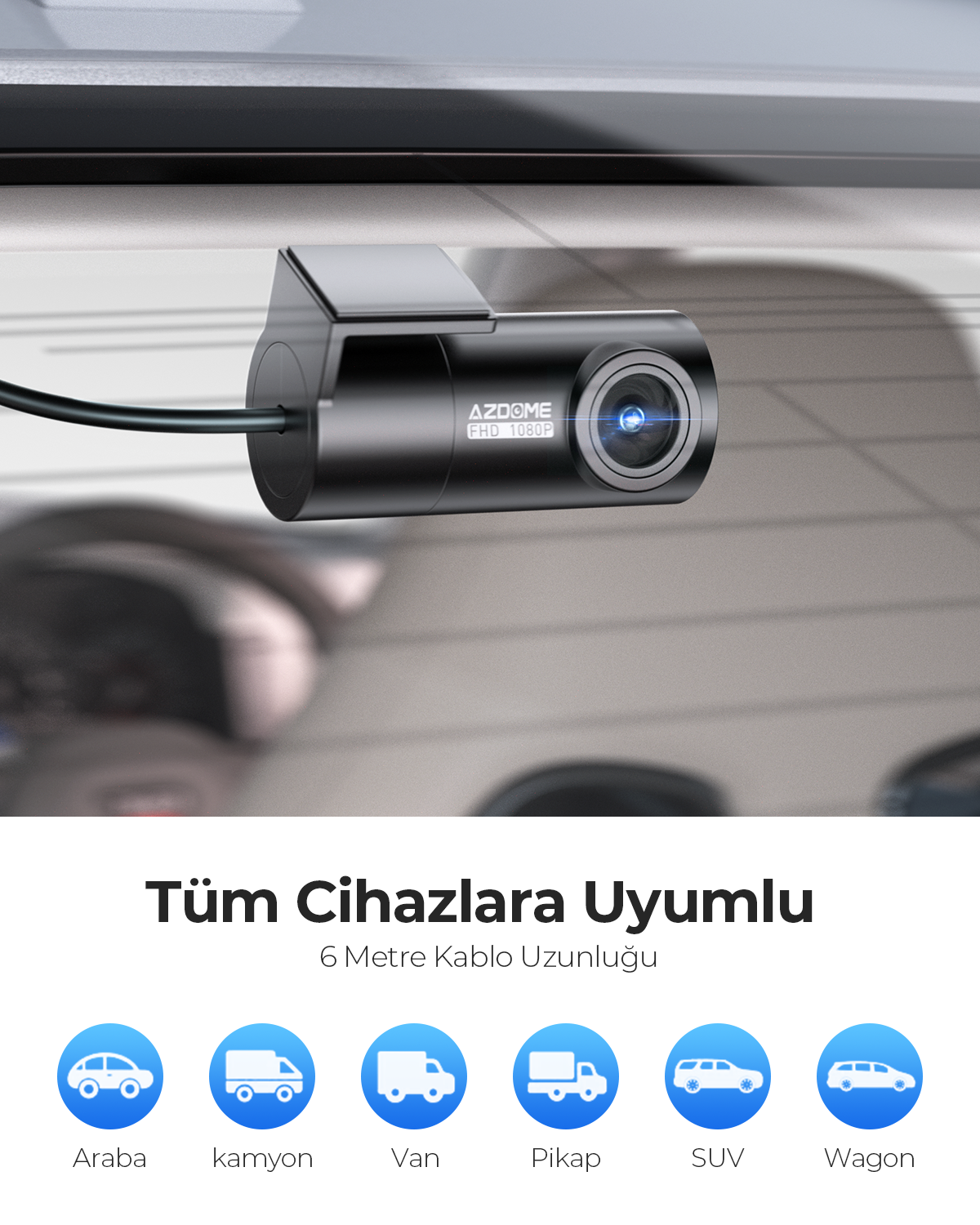AZDOME markalı siyah bir araç kamerası. Aşağıda, araba, kamyon, kamyonet ve SUV dahil olmak üzere farklı araçların simgeleri bulunmaktadır.