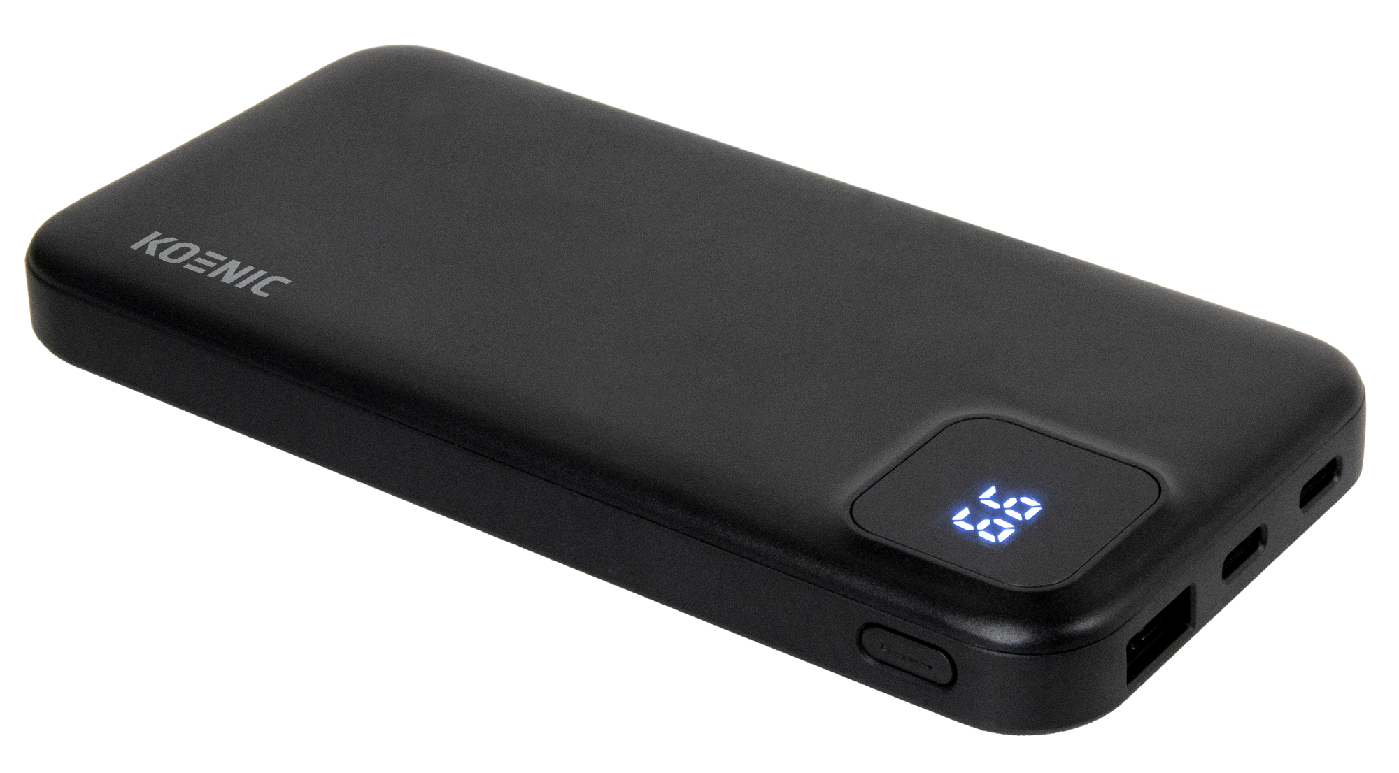 Fekete Koenic power bank, digitális kijelzővel, ami 69%-ot mutat. Több portja van, és felül a márkanév.