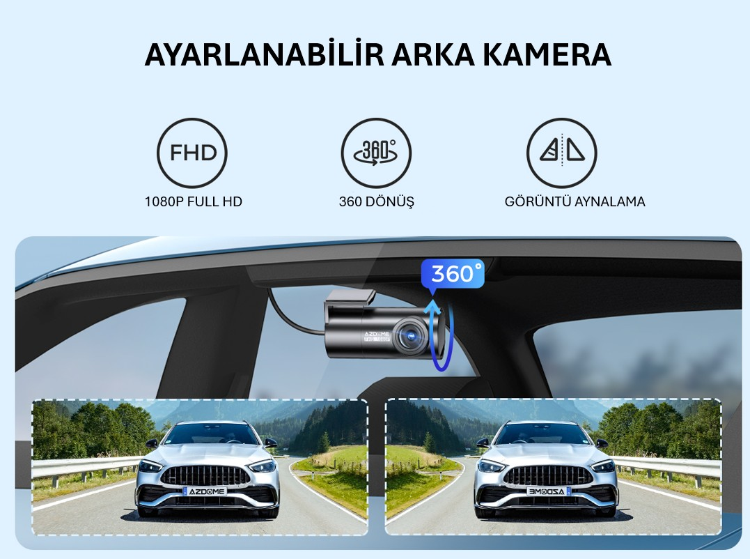 FHD, 360 dönüş ve görüntü yansıtma ikonlarıyla araba kamerası illüstrasyonu. Alt kısımda iki araba gösteriliyor.