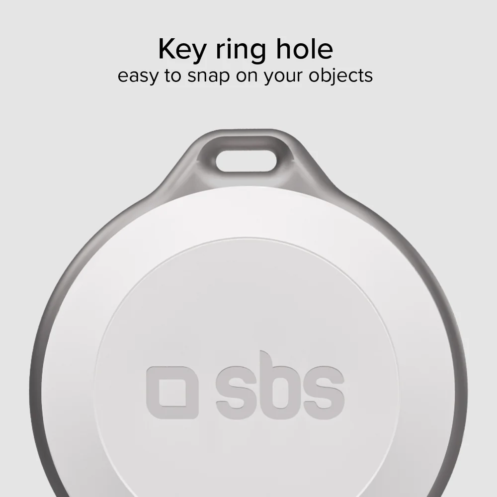 Ein weißes, kreisförmiges Gerät mit einem Schlüsselringloch. Es trägt die Marke 'sbs' und den Text 'Key ring hole' darüber.