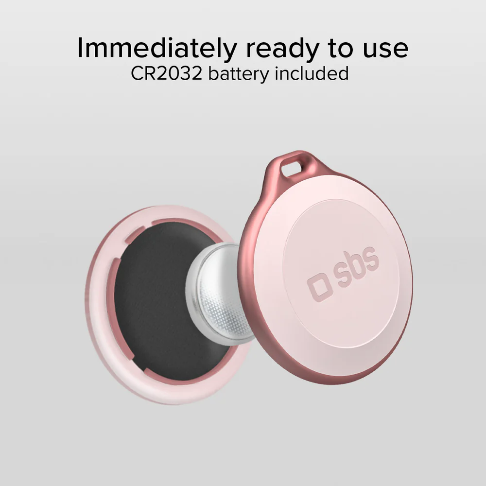 Ein rosa SBS-Tracker mit einer CR2032-Batterie. Der Tracker ist teilweise zerlegt. Der Text oben lautet: 'Sofort einsatzbereit'.