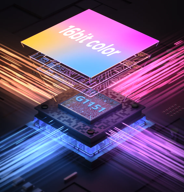"16bit color" yazılı, stilize bir çip tasviri. Mor, mavi ve turuncu ışık izleri yayılıyor.