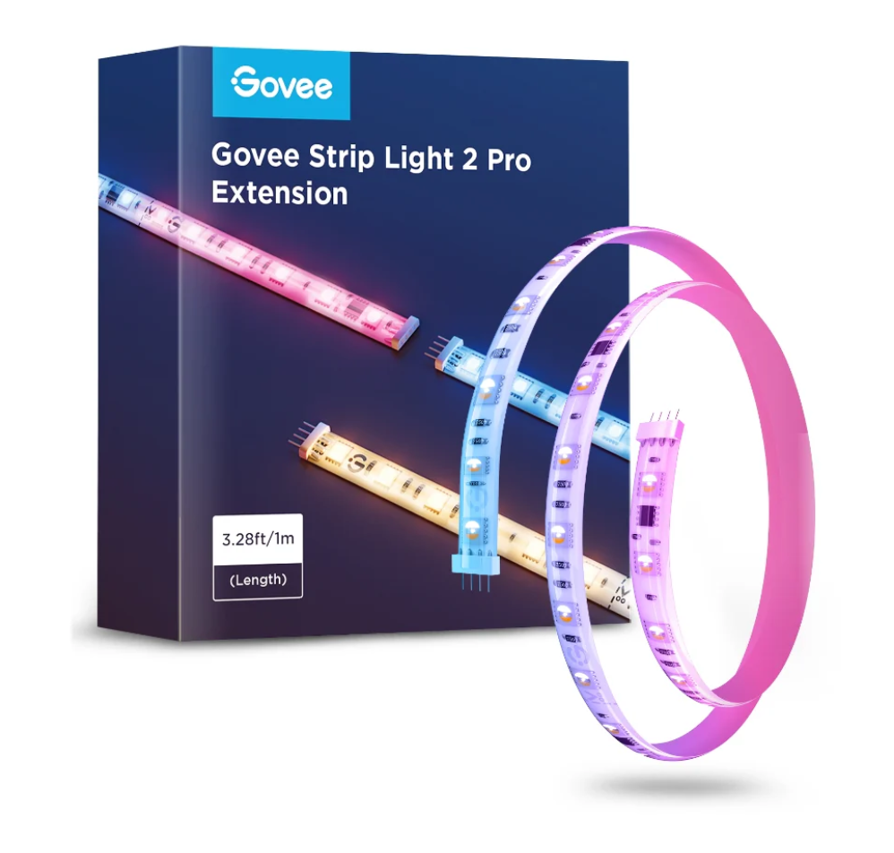 Govee Strip Light 2 Pro Extension kutusu, döngü tasarımında renkli LED şeritlerle.
