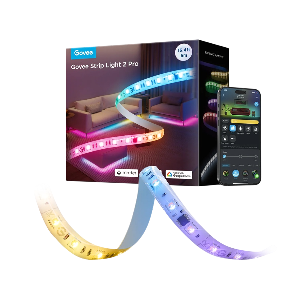 Govee Strip Light 2 Pro ürün kutusu ve şerit ışıklar. Bir akıllı telefon uygulama kontrollerini gösteriyor. Şerit ışıklar çok renkli.