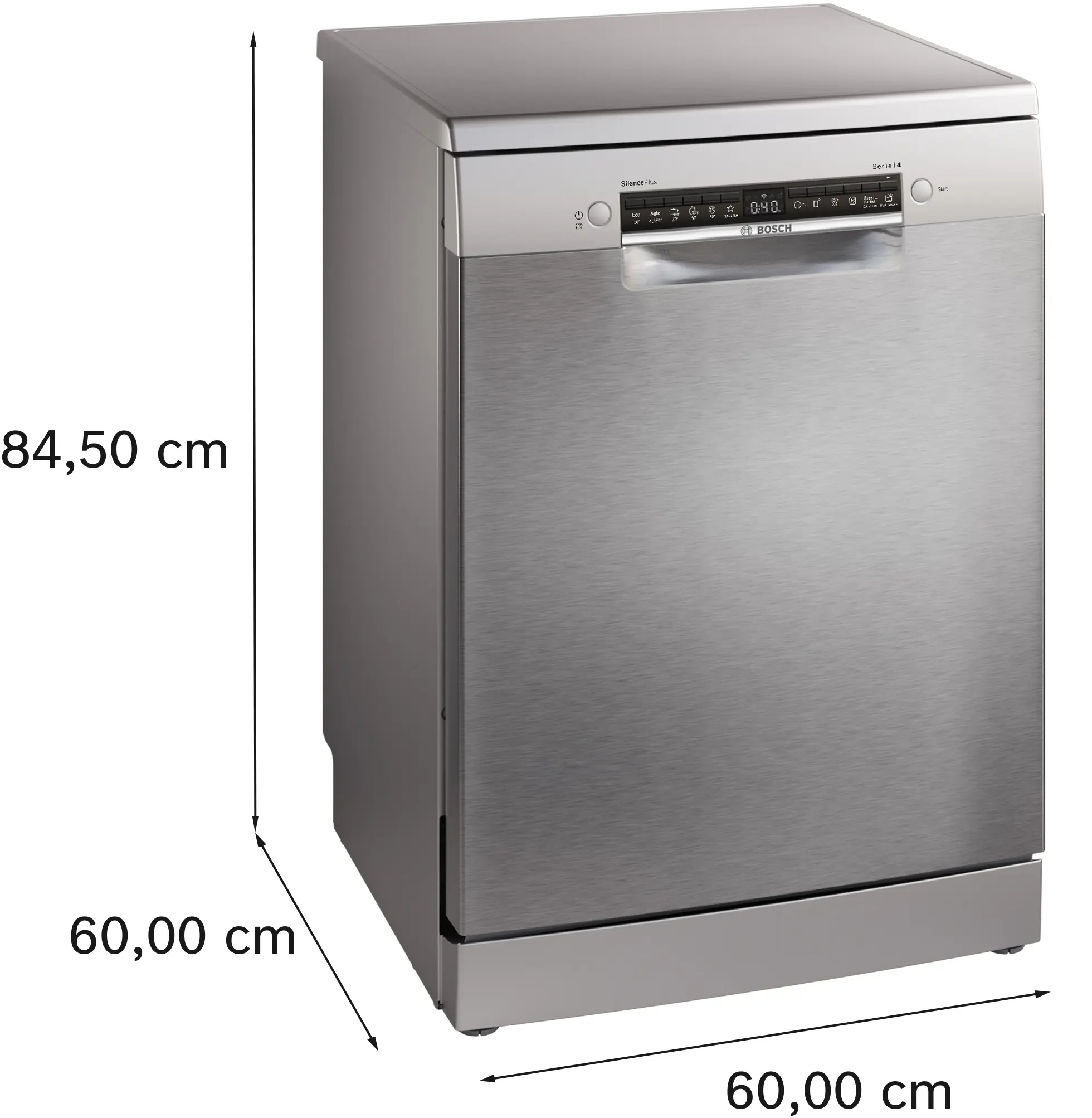 Un lavavajillas Bosch de acero inoxidable. Se indican las dimensiones. El lavavajillas tiene botones de control y una pantalla.