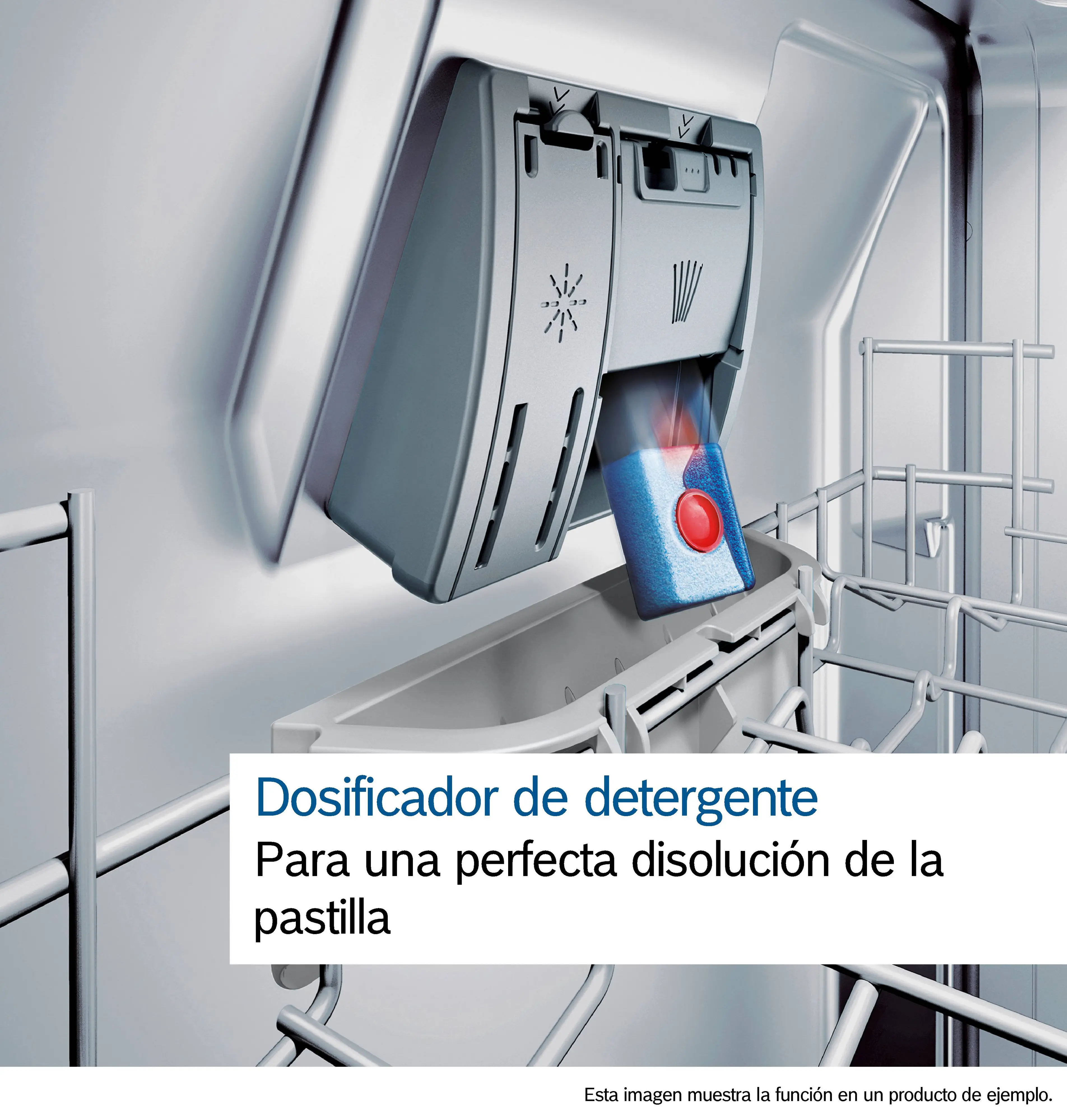 Imagen de Dosificador de Lavavajillas Bosch con pastilla y texto: "Dosificador de detergente, para un perfecta disolución de la pastilla"