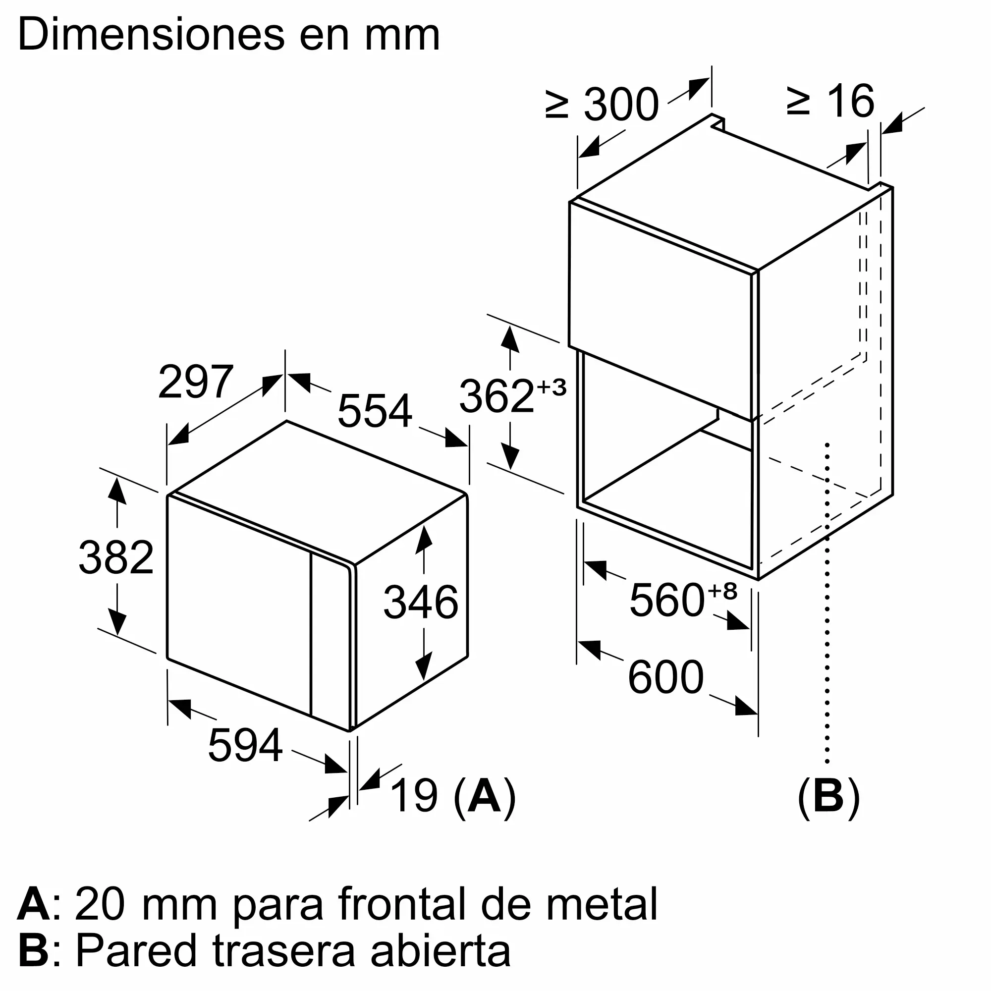 Diagrama de electrodoméstico de cocina con dimensiones en mm. Incluye dos formas rectangulares con medidas y notas.