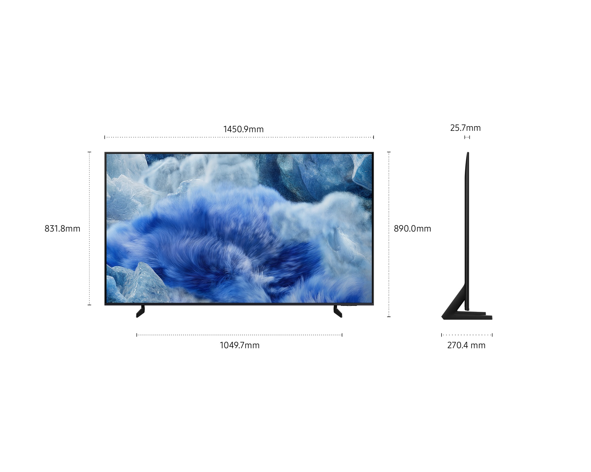 Ein großer Fernseher mit Abmessungen. Er hat ein blau-weißes, abstraktes Bild auf dem Bildschirm. Maße sind angegeben.