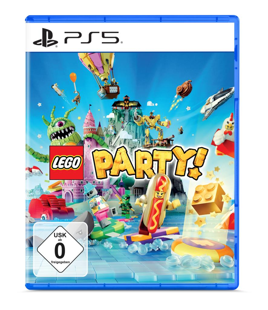 LEGO Party! Spielcover. Hotdog-Figur auf einem Surfbrett, verschiedene LEGO-Figuren und -Strukturen auf blauem Hintergrund, PS5-Logo.