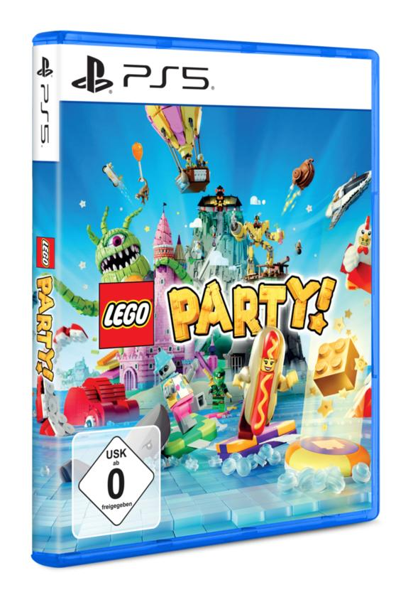 LEGO Party!-Spielbox für PS5. Helle Hülle mit LEGO-Figuren, Hotdog, Burg und anderen farbenfrohen Elementen. Blauer Hintergrund.