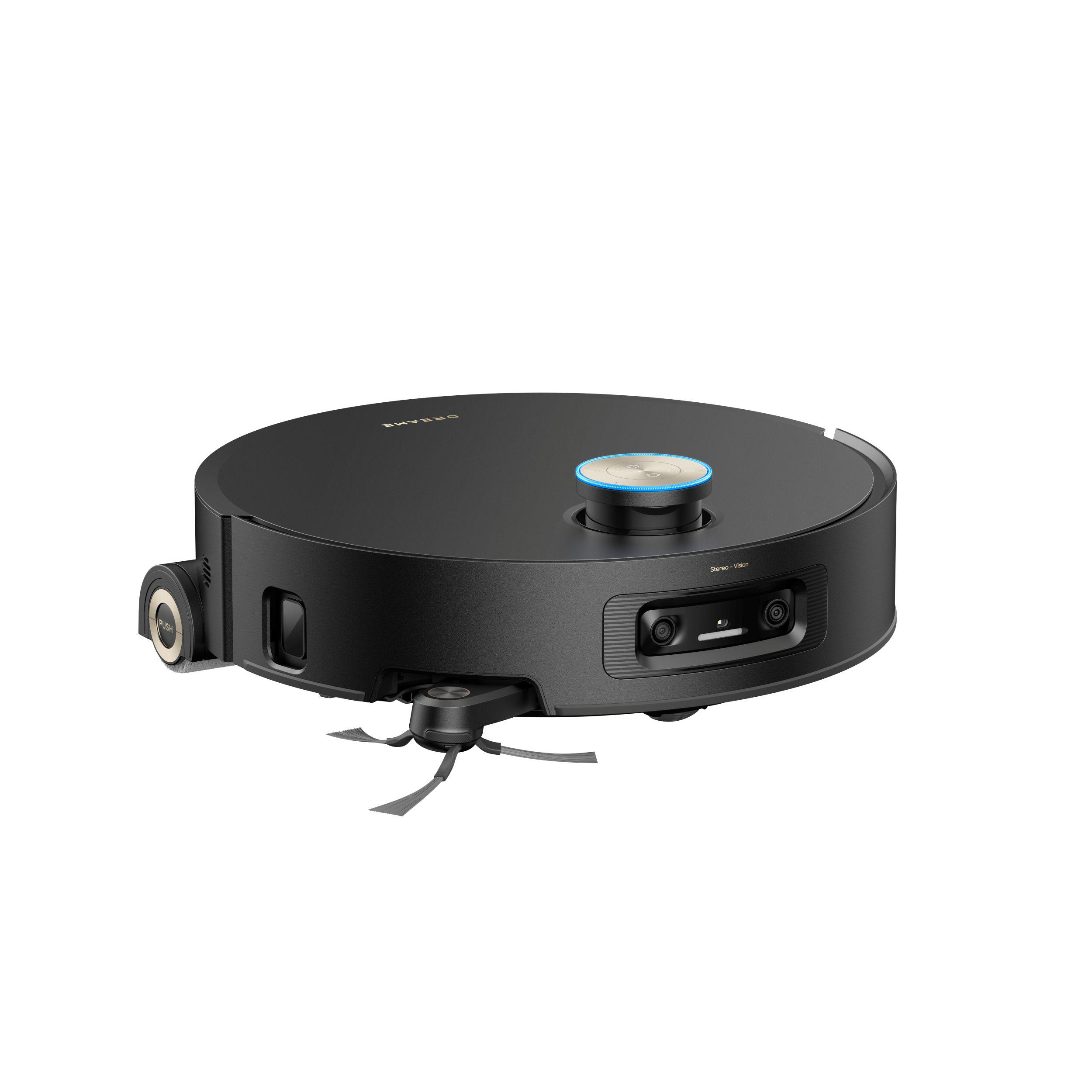 Ein schwarzer Roboter-Staubsauger mit runder Form. Er hat einen zentralen Knopf und eine Seitenbürste. Die Marke ist sichtbar.