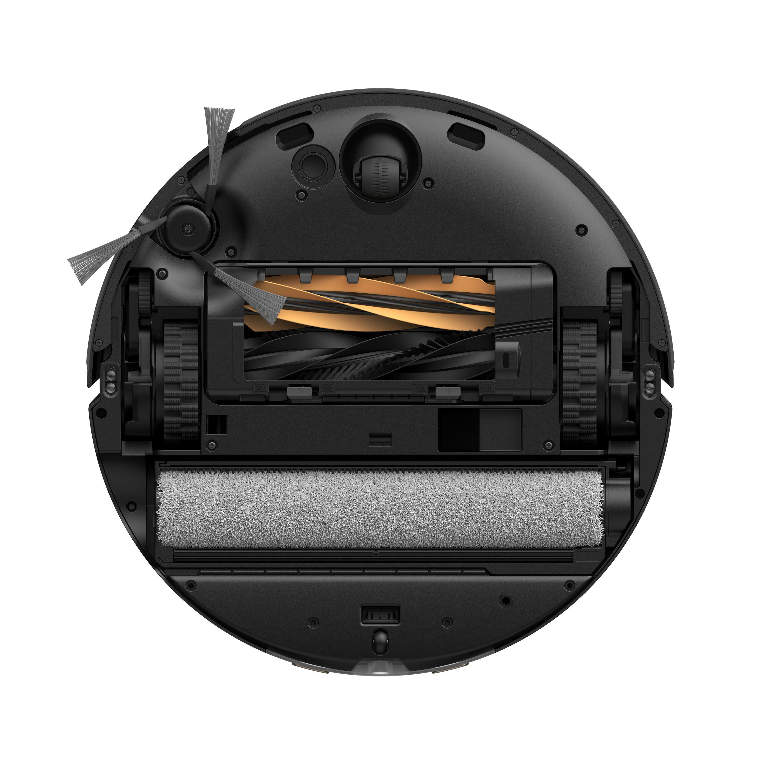 Schwarzer und silberner Roboter-Staubsauger. Er hat Bürsten, Rollen und ein Reinigungsfach. Das Design ist rund.