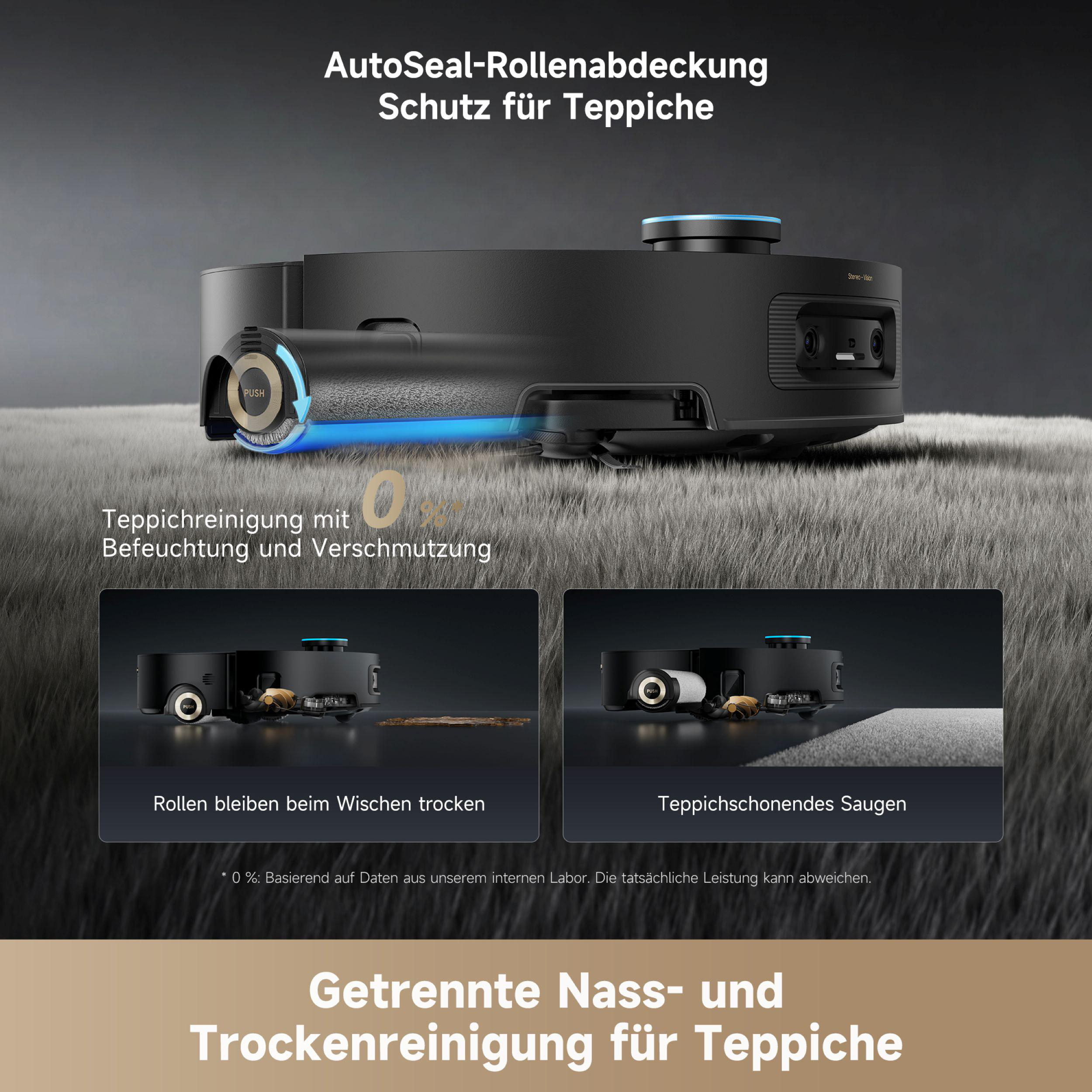 Ein schwarzer Roboter-Staubsauger auf einem grauen Teppich mit Text, der Reinigungsfunktionen beschreibt.