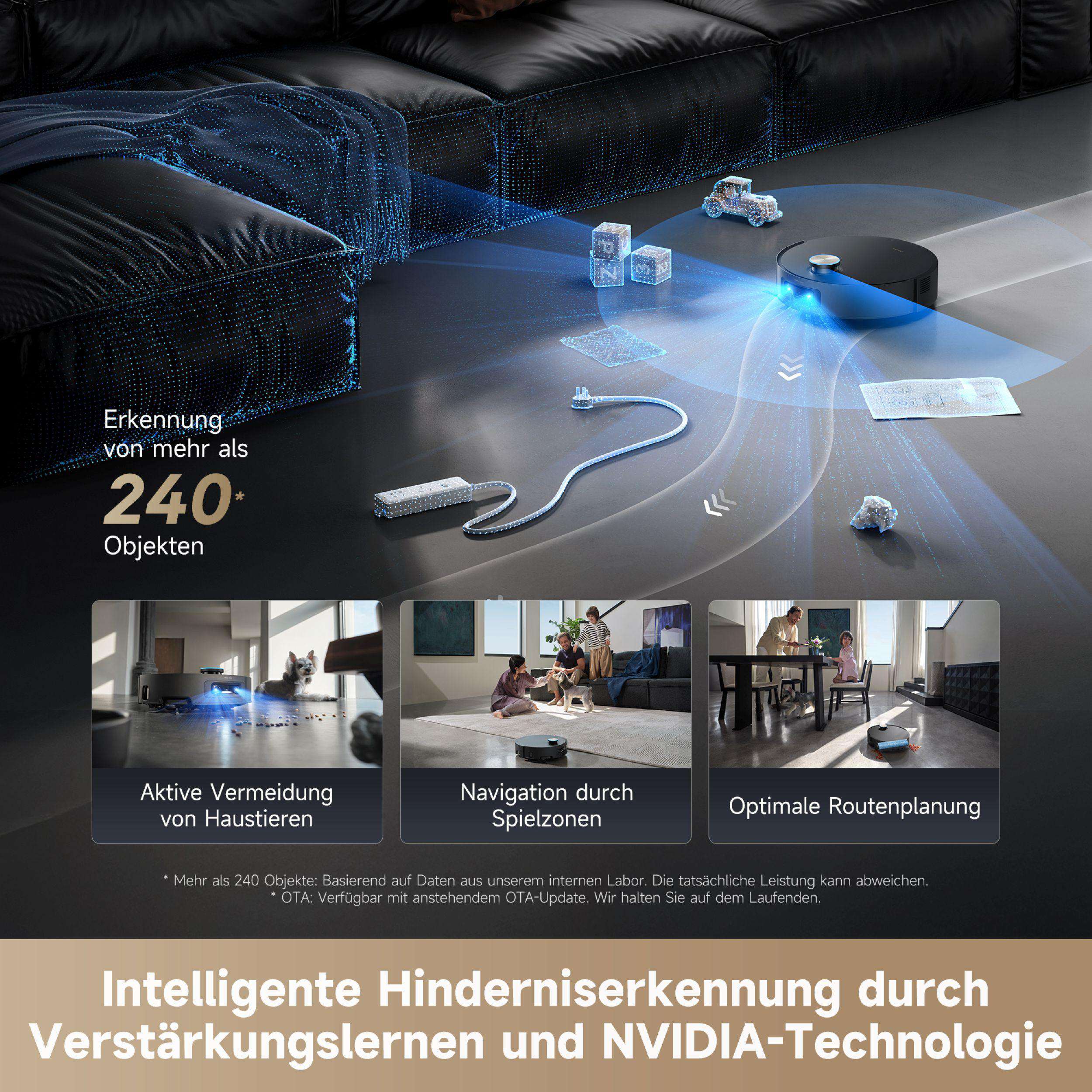 Ein Roboter-Staubsauger scannt einen Raum. Drei kleine Bilder zeigen Beispiele für seine Funktionen, wie z. B. Tiervermeidung.