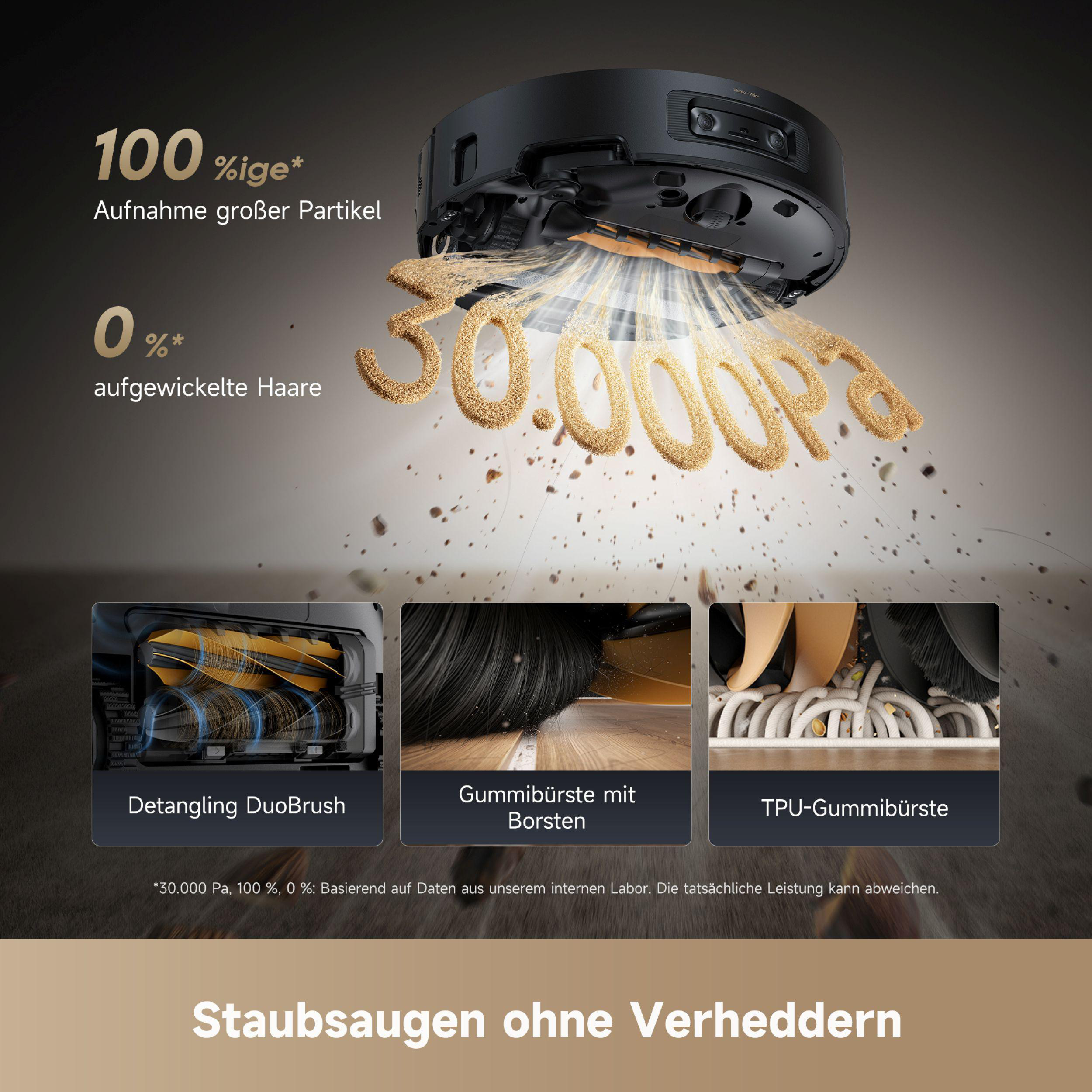 Ein schwarzer Roboter-Staubsauger wird abgebildet, mit visuellen Darstellungen seiner Reinigungsfähigkeiten, mit Text und Grafiken.