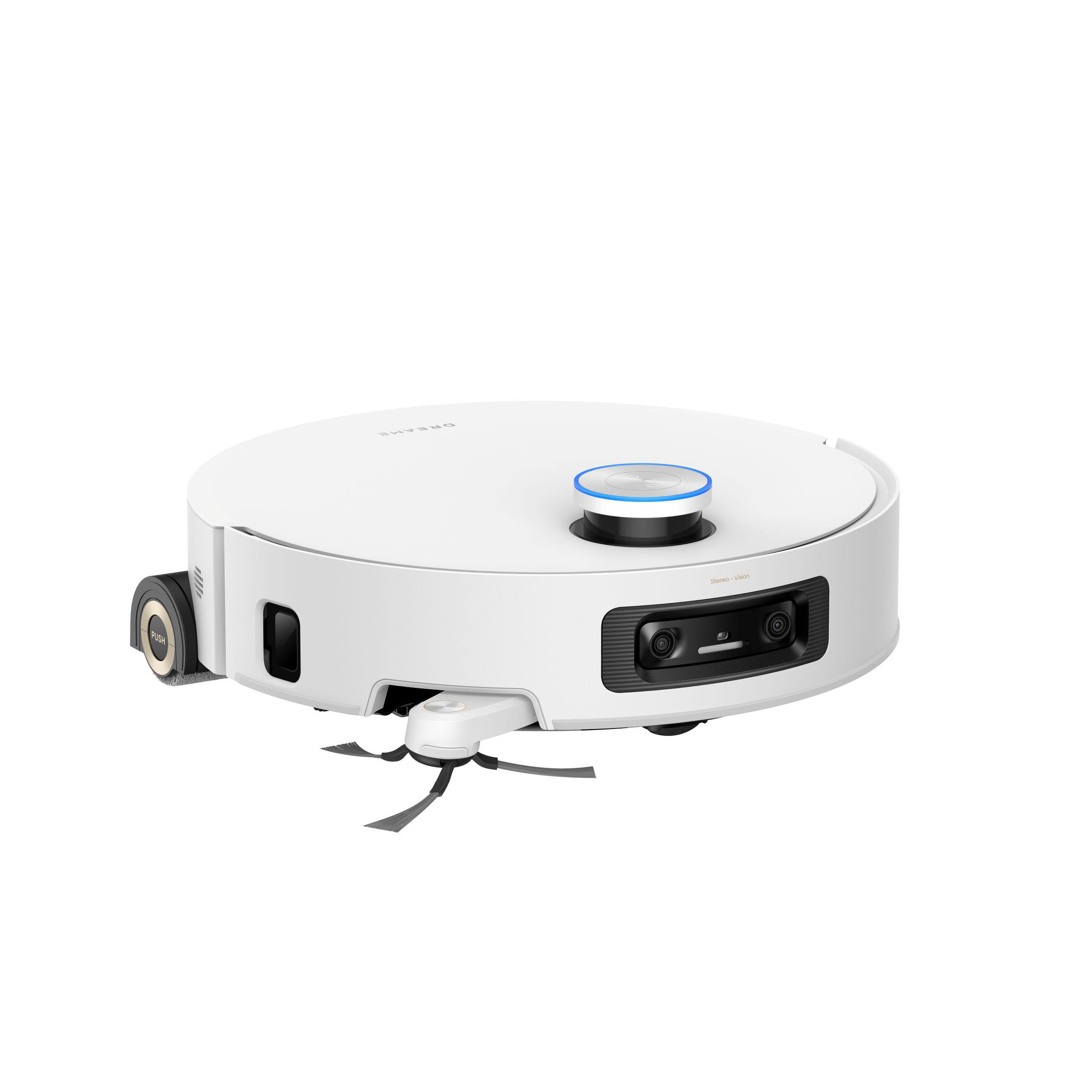 Ein weißer Roboter-Staubsauger mit blauem Ring oben und schwarzen Bürsten. Der Roboter steht vor weißem Hintergrund.
