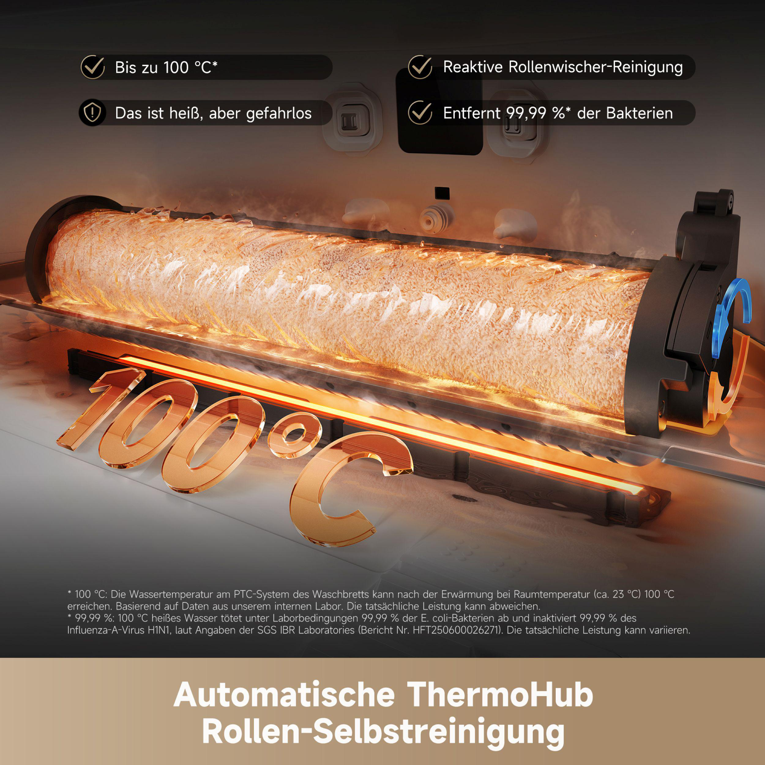 Eine Maschine mit heißer Walze. Text erwähnt Reinigung und 100°C. Die Zahl 100 ist goldfarben.