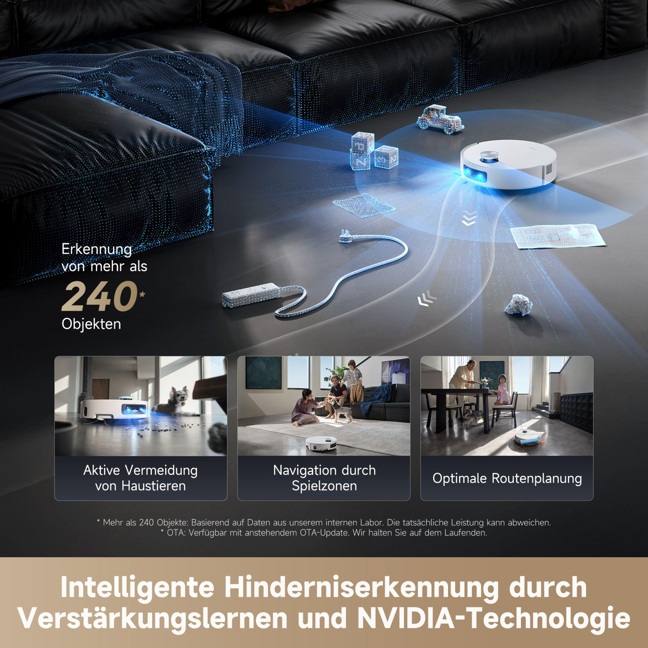Ein weißer Roboter-Staubsauger reinigt einen Raum. Er hat ein blaues Licht und navigiert um Hindernisse wie Spielzeug herum.