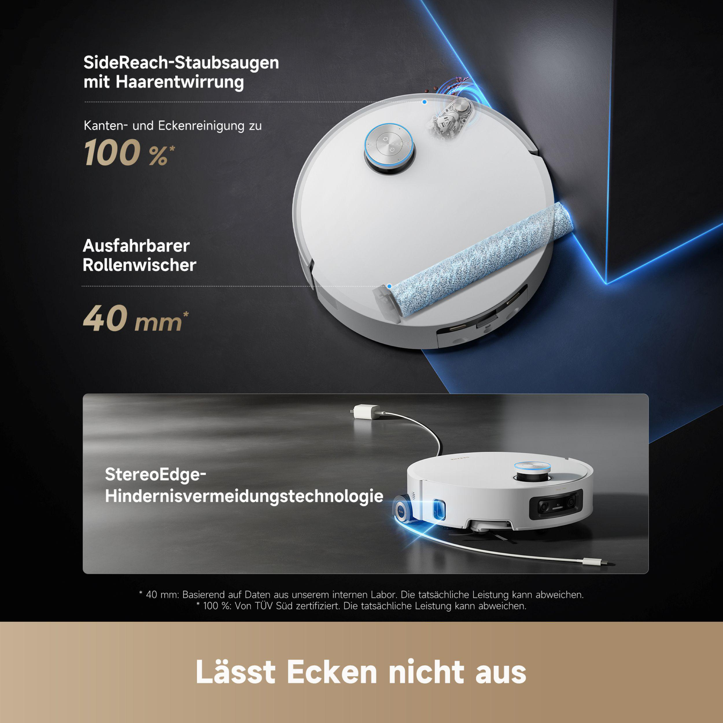 Ein weißer Roboter-Staubsauger mit blauem Wischmopp wird gezeigt. Text hebt die Eckenreinigung, Haarentfernung und Hindernisvermeidung hervor.