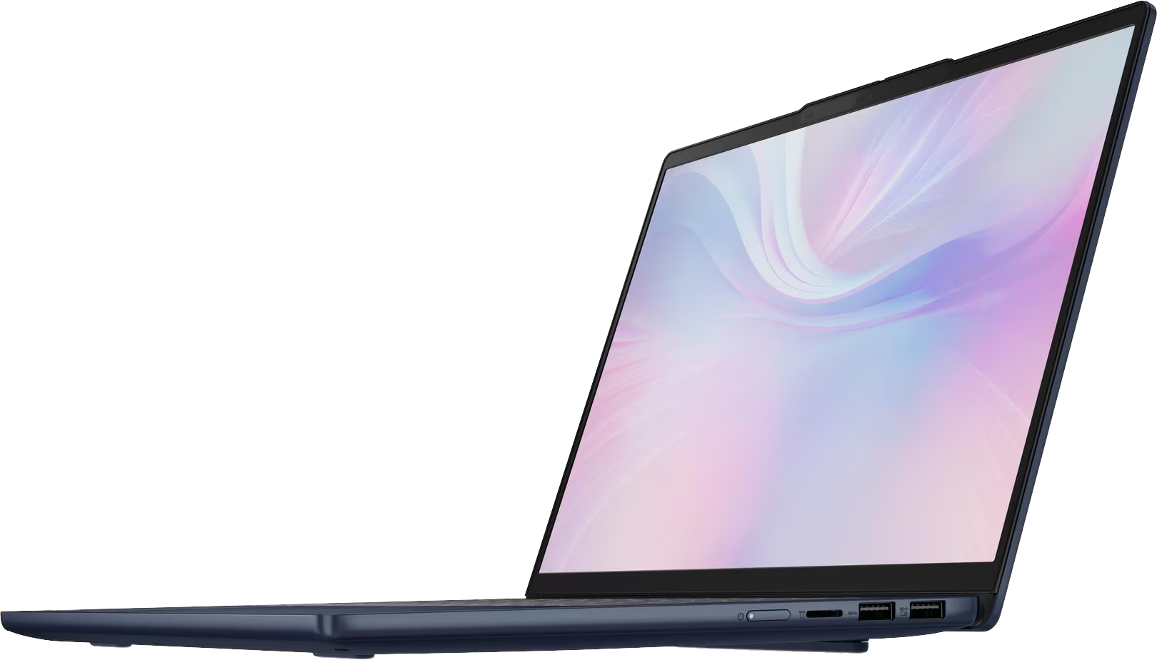 Egy sötétkék laptop nyitva van, a képernyőn színes, absztrakt dizájnt jelenít meg, a néző felé fordulva.