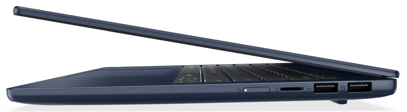 Egy kék laptop oldalsó nézete, nyitva. Billentyűzet, portok és a képernyő látható, enyhén nyitva.